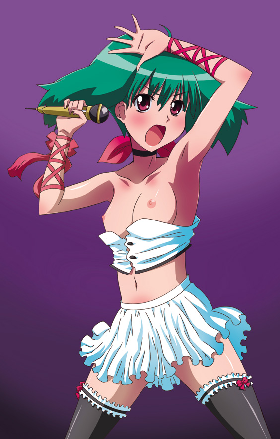 paopa ship, ranka lee, macross, macross frontier, 00s, 1girl, breasts, female focus, green hair, medium breasts, microphone, music, nipples, red eyes, ribbon, short hair, singing, skirt, solo, thighhighs, wardrobe malfunction