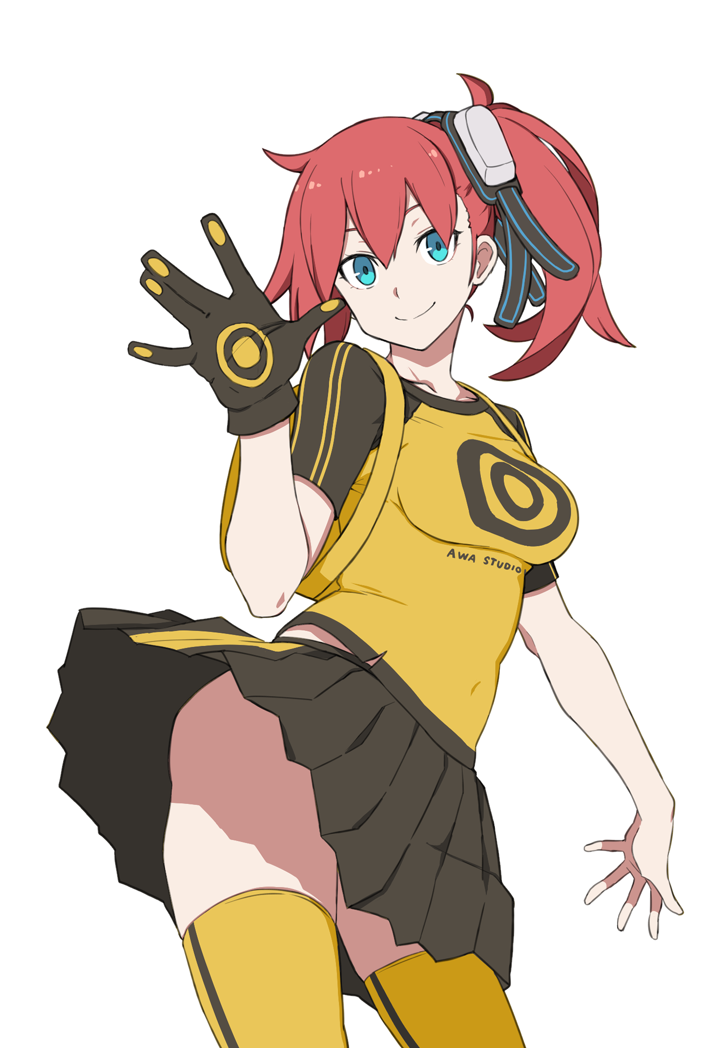 aiba ami, digimon, digimon story: cyber sleuth, commentary request, highres, 1girl, ||/, ayu (ddestiny944), black gloves, black shirt, black skirt, blue eyes, gloves, long hair, miniskirt, pleated skirt, print shirt, red hair, shirt, side ponytail, simple background, single glove, skirt, smile, solo, thighhighs, transparent background, two-tone shirt, yellow shirt, yellow thighhighs