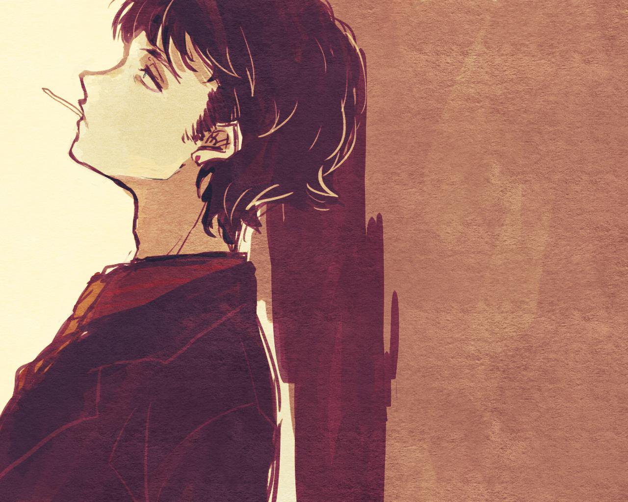 kuji chikai, sarazanmai, commentary request, 1boy, adam's apple, against wall, bags under eyes, black jacket, earrings, jacket, jewelry, lollipop in mouth, looking up, male focus, monochrome, nakamura fueko, shadow, short hair, sideburns, upper body