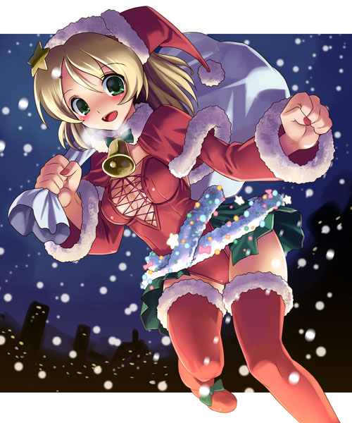 katahira masashi, bell, blonde hair, christmas, green eyes, sack, santa costume, snow, solo, thighhighs