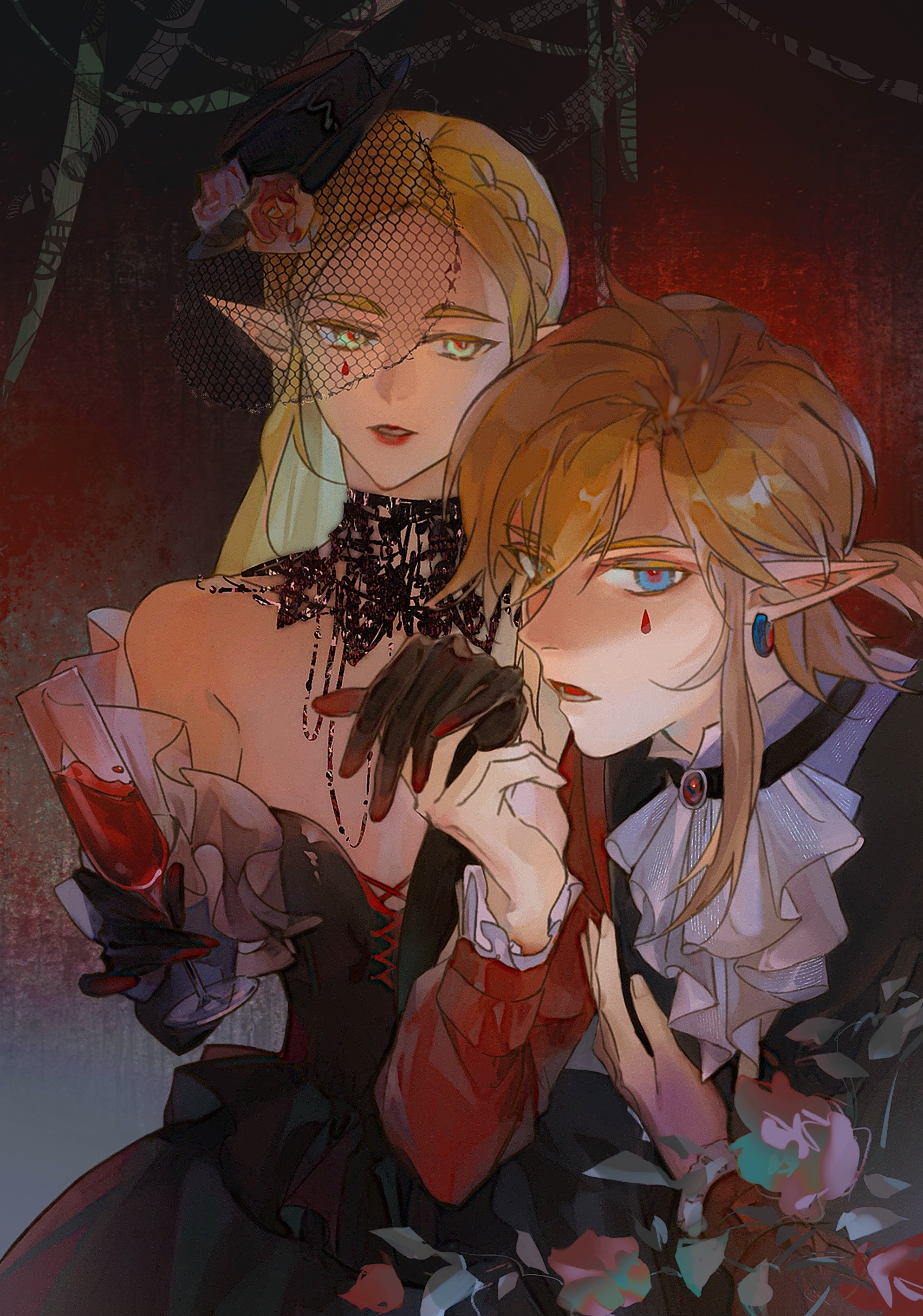 jiaocha 0219, link, princess zelda, nintendo, the legend of zelda, the legend of zelda: breath of the wild, absurdres, commentary, highres, 1boy, 1girl, alternate costume, ascot, black dress, black gloves, black jacket, blonde hair, blue eyes, braid, couple, cross-laced clothes, cross-laced dress, crown braid, cup, dress, ear piercing, flower, gloves, goth fashion, green eyes, hair flower, hair ornament, hetero, holding, holding cup, holding hands, jacket, long hair, looking at another, looking at viewer, medium hair, off-shoulder dress, off shoulder, parted lips, piercing, pointy ears, ponytail, rose, teardrop facial mark, white ascot