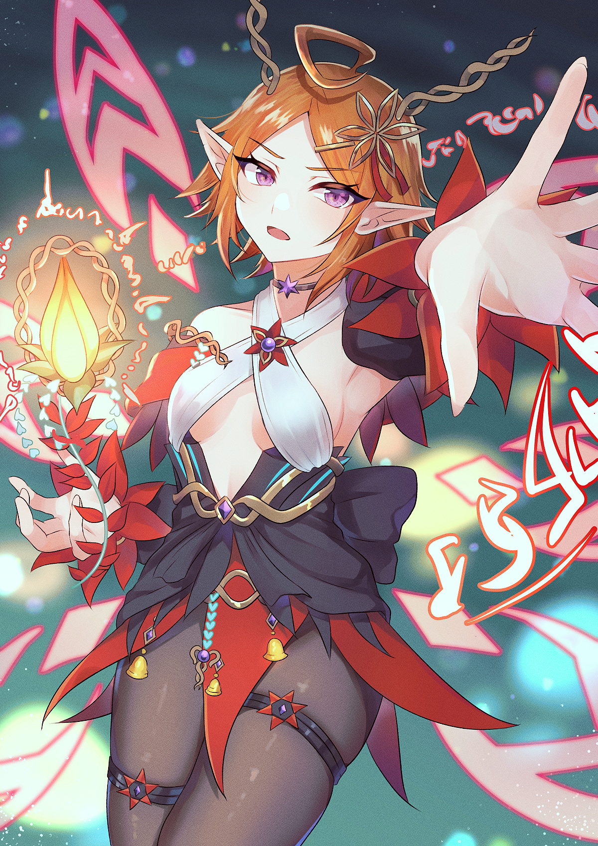 pinyata (pinyaland), yu-gi-oh!, highres, 1girl, armpits, black choker, black pantyhose, black thighhighs, breasts, choker, collarbone, detached sleeves, duel monster, elvennotes lucina, hair ornament, light blush, long sleeves, looking at viewer, medium breasts, open mouth, orange hair, pantyhose, ponytail, purple eyes, solo, thigh strap, thighhighs