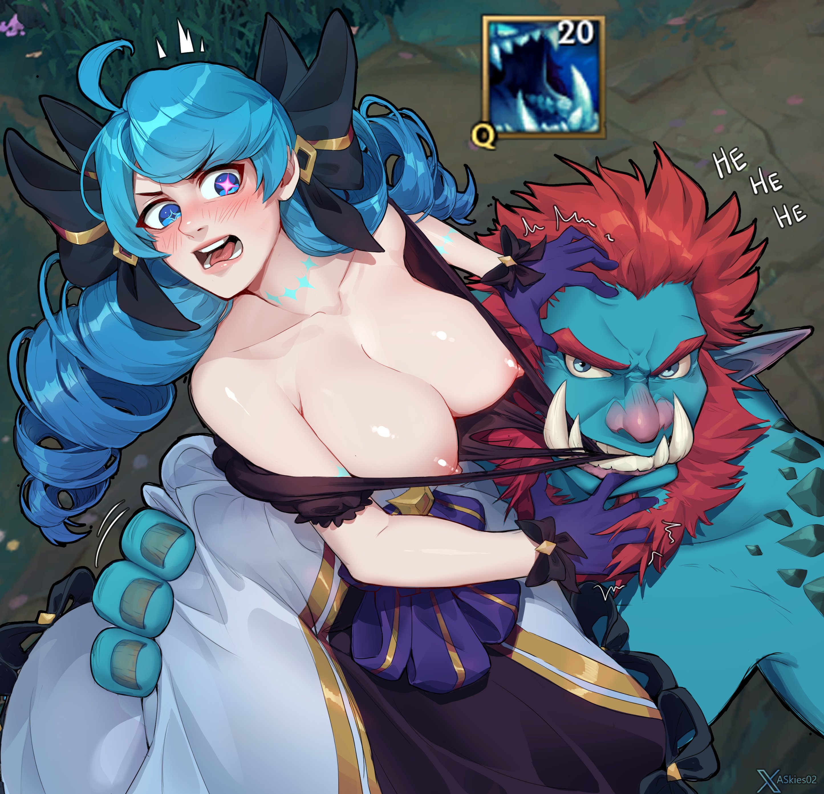 allen skies, gwen (league of legends), trundle, league of legends, absurdres, highres, 1boy, 1girl, ahoge, bare shoulders, beard, biting, black bow, black gloves, blue skin, bow, breasts, collarbone, colored skin, dress, drill hair, facial hair, gloves, green hair, hair bow, hetero, large breasts, long hair, looking at viewer, muscular, muscular male, nipples, red hair, teeth, torn clothes, torn dress, troll, tusks, twin drills, twintails