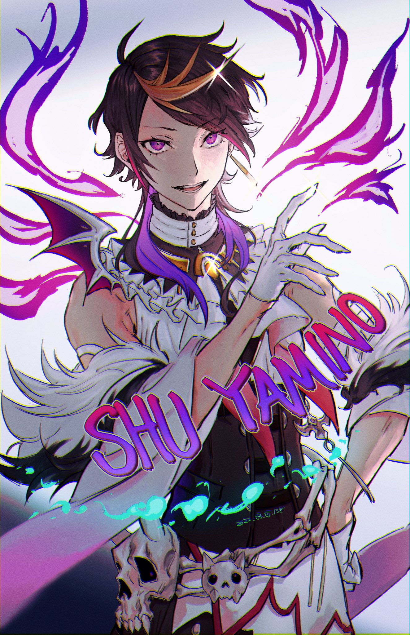 plytometo, shu yamino, nijisanji, commentary request, highres, 1boy, belt, black shirt, character name, detached sleeves, earrings, eyelashes, glint, gloves, jewelry, male focus, multicolored hair, open mouth, purple hair, shirt, short hair, sidelocks, single earring, skull ornament, solo, streaked hair, virtual youtuber, white gloves