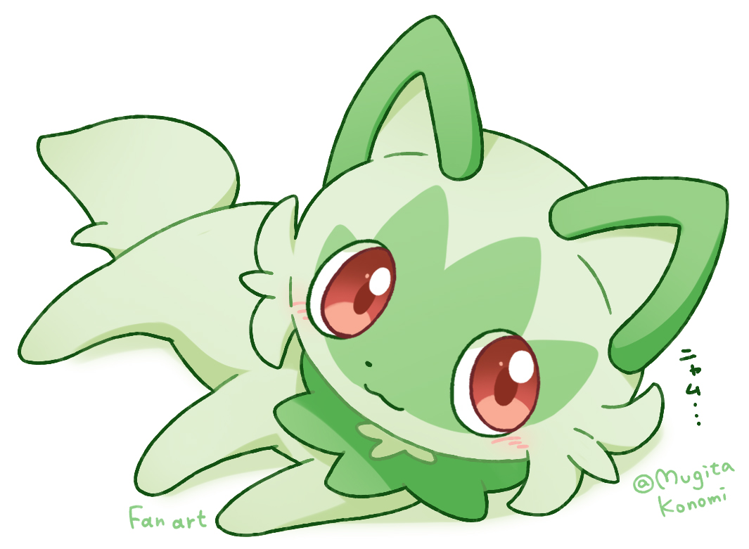 mugita konomi, sprigatito, nintendo, pokemon, commentary request, :3, artist name, blush, closed mouth, full body, looking at viewer, no humans, pokemon (creature), pokemon focus, red eyes, simple background, smile, solo, white background
