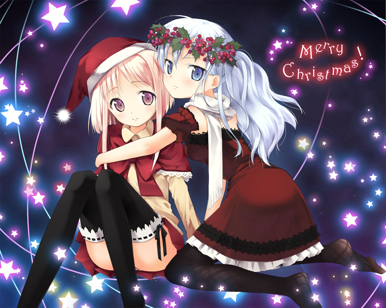kimishima ao, original, bad id, bad pixiv id, highres, 2girls, blue eyes, blue hair, christmas, long hair, multiple girls, panties, pink eyes, pink hair, santa costume, striped clothes, striped panties, thighhighs, underwear, zettai ryouiki