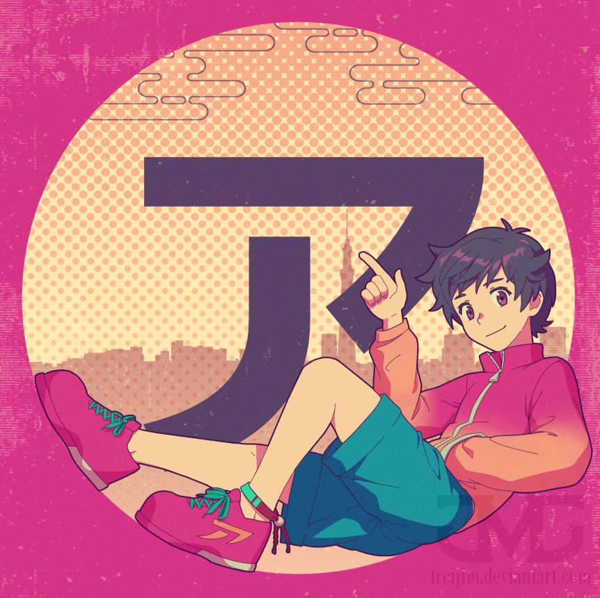 treijim, yasaka kazuki, sarazanmai, commentary, english commentary, 1boy, a katakana sign (sarazanmai), black hair, blue shorts, egasumi, friendship bracelet, from side, full body, gradient clothes, gradient jacket, hand in pocket, index finger raised, jacket, knee up, looking at viewer, male focus, messy hair, pink shoes, shoes, short hair, shorts, smile, solo