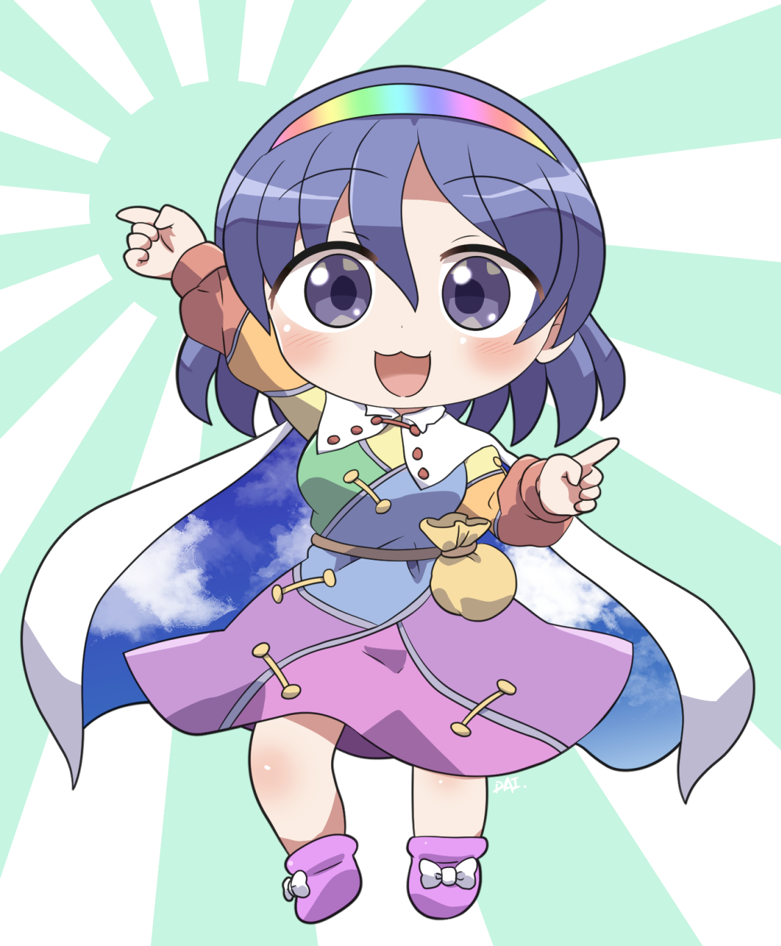 rokugou daisuke, tenkyuu chimata, touhou, commentary request, highres, 1girl, :3, :d, arm up, blush, bow, cape, chibi, chibi only, dress, footwear bow, full body, green background, hair between eyes, hairband, hand up, long sleeves, looking at viewer, multicolored dress, multicolored hairband, open mouth, pink shoes, pouch, print cape, purple eyes, purple hair, rainbow gradient, shoes, short hair, signature, sky print, smile, solo, standing, sunburst, sunburst background, two-sided cape, two-sided fabric, two-tone background, white background, white bow, white cape