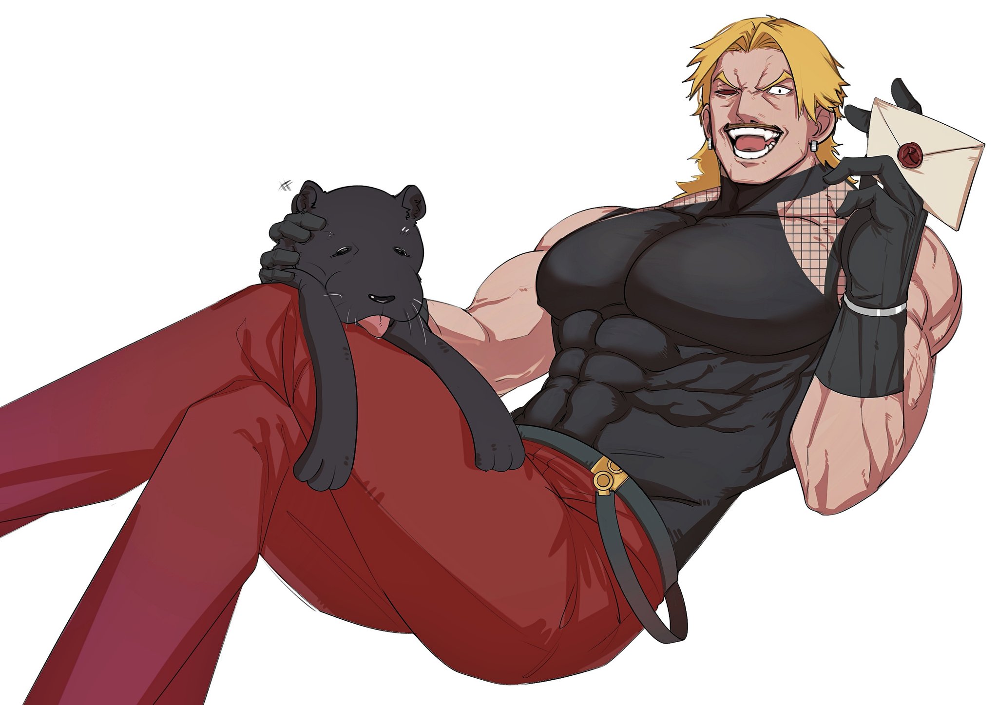 black panther, rugal bernstein, the king of fighters, highres, 1boy, belt, black belt, black gloves, black shirt, blonde hair, bracelet, colored sclera, covered abs, crossed legs, earrings, envelope, evil smile, facial hair, fangs, fishnets, gloves, halterneck, heterochromia, holding, holding envelope, invisible chair, jewelry, laoyanzi, large pectorals, looking at viewer, male focus, medium hair, muscular, mustache, open mouth, panther, pants, pectorals, petting, red pants, red sclera, rodem (kof), shirt, silver bracelet, simple background, sitting, skin tight, sleeveless, sleeveless shirt, smile, suspenders, v-shaped eyebrows, veins, veiny arms, white background