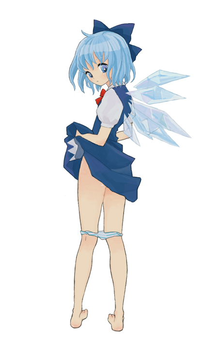 fu (mushibun), fu (pixiv), cirno, embodiment of scarlet devil, touhou, bad id, bad pixiv id, 1girl, ass, barefoot, blue eyes, blue hair, bow, clothes lift, dress, dress lift, female focus, hair bow, looking back, matching hair/eyes, panties, panty pull, short hair, solo, striped clothes, striped panties, underwear, wings