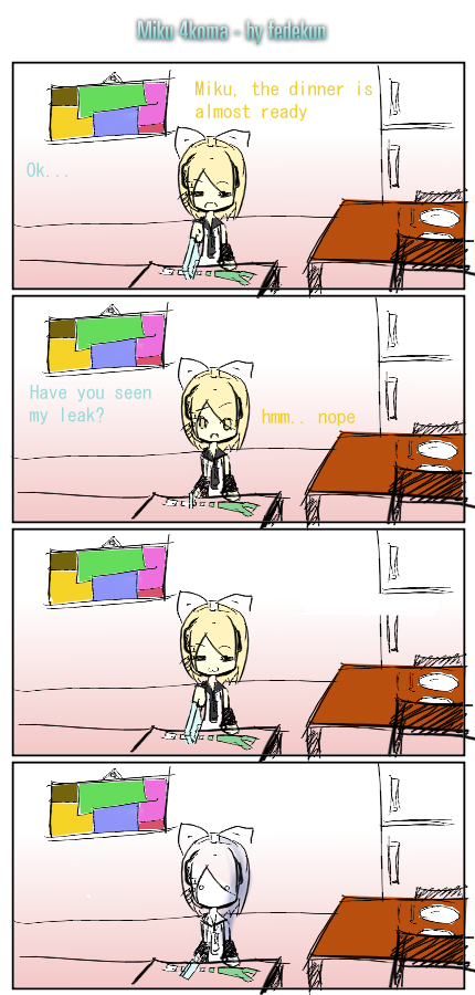 fedekun, hatsune miku, kagamine rin, sjofn (devil maker), vocaloid, self-upload, 1girl, 4koma, blonde hair, comic, full body, hair ribbon, hairband, looking at viewer, ribbon, spring onion, table, tatami