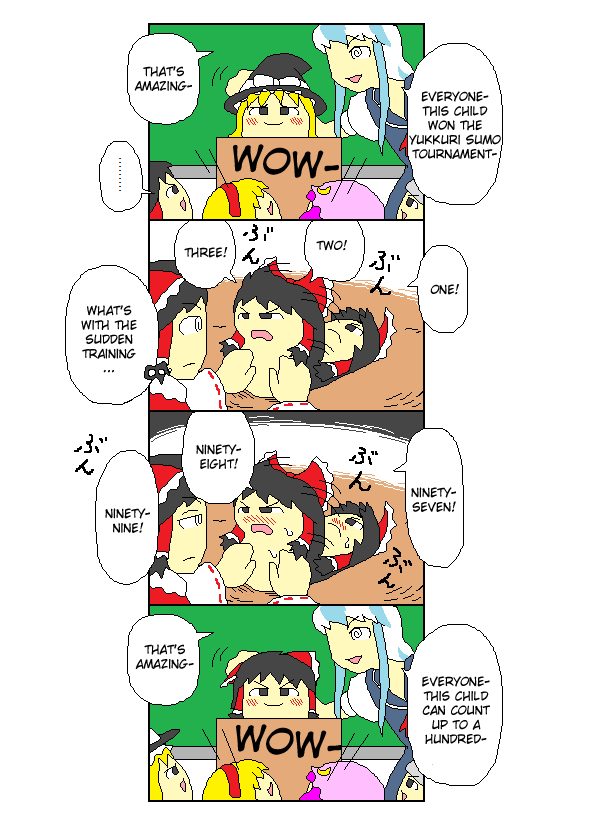 hakurei reimu, kamishirasawa keine, touhou, hard-translated, third-party edit, :d, @ @, black eyes, black hair, blonde hair, blue hair, blush, bow, chalkboard, classroom, comic, english text, exercising, female focus, hair bow, hairband, hat, japanese clothes, long hair, miko, multicolored hair, open mouth, school, smile, sweat, teacher, two-tone hair, white hair, witch hat, yukkuri shiteitte ne