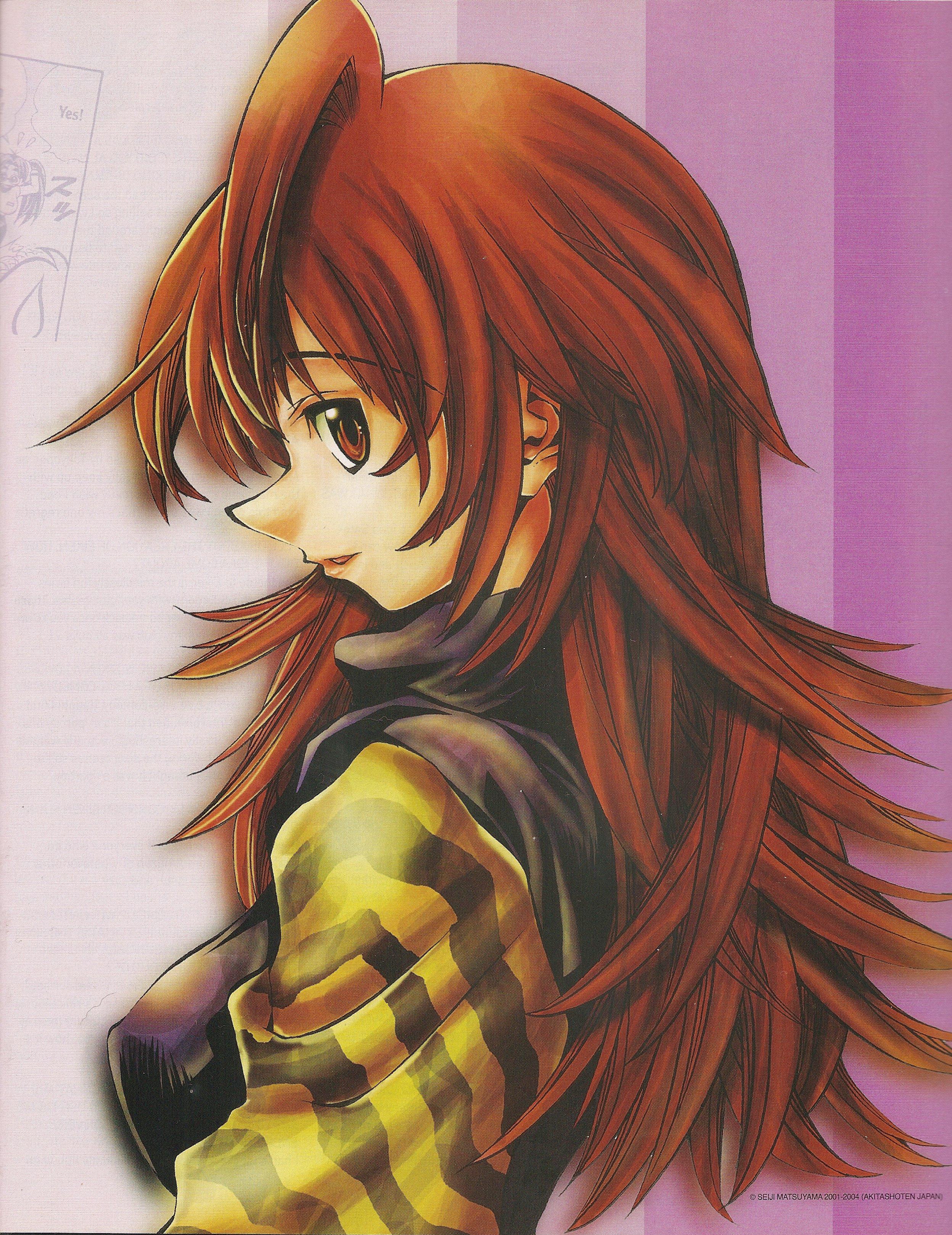 matsuyama seiji, shinonome keiko, eiken, striped, absurdres, highres, 00s, 1girl, back, breasts, covered erect nipples, female focus, long hair, long nose, mature female, medium breasts, red eyes, red hair, smile, solo, turtleneck, upper body