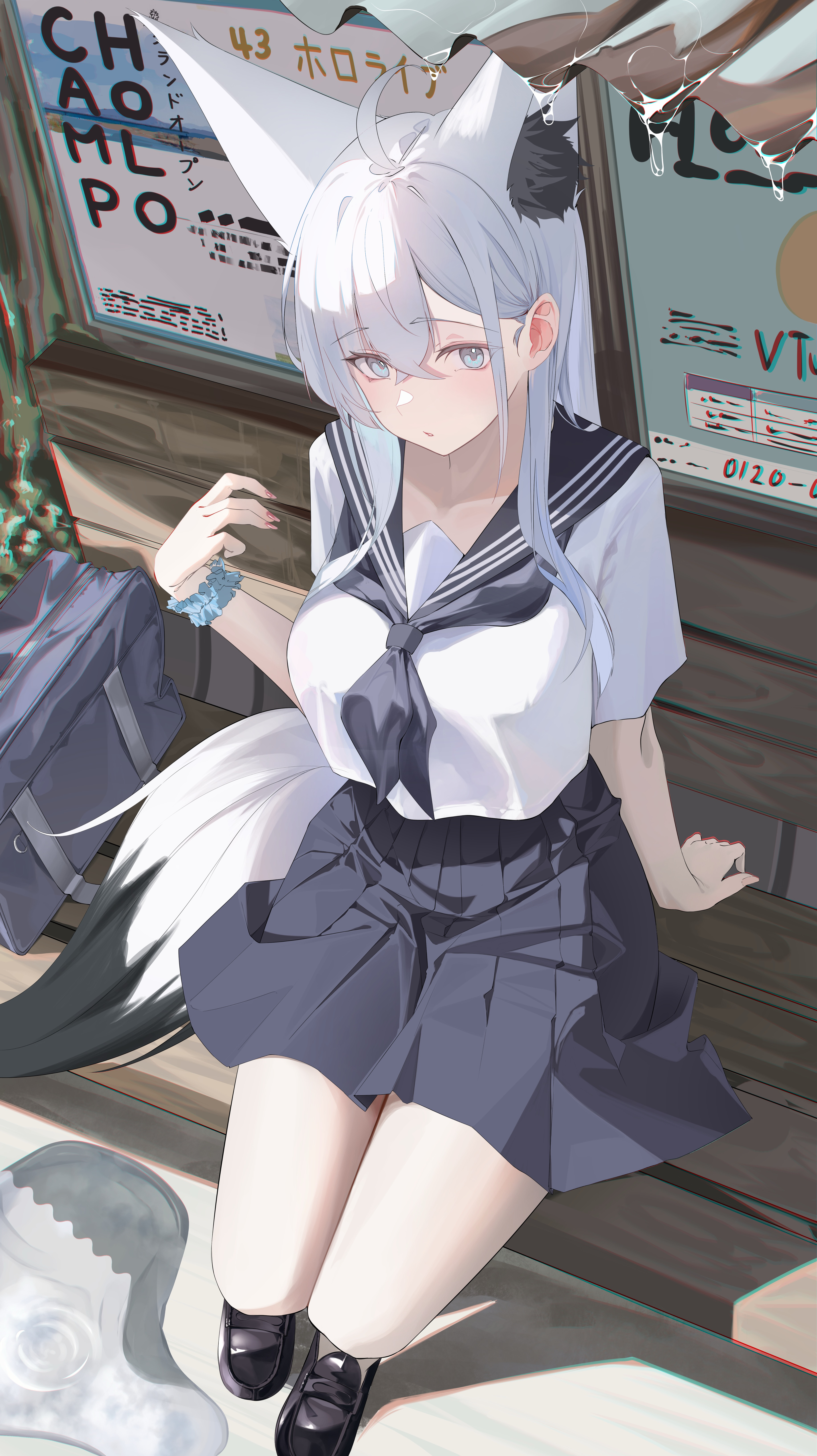tanishi (hetianming11093), shirakami fubuki, hololive, absurdres, commentary request, highres, 1girl, ahoge, alternate costume, animal ear fluff, animal ears, bag, black neckerchief, black sailor collar, black skirt, blue eyes, blue scrunchie, breasts, crossed bangs, fingernails, fox ears, fox girl, fox tail, from above, hair behind ear, large breasts, looking at viewer, miniskirt, nail polish, neckerchief, on bench, parted lips, penny loafers, puddle, sailor collar, school bag, school uniform, scrunchie, serafuku, shirt, shirt overhang, short sleeves, shorts, skirt, solo, tail, taking shelter, virtual youtuber, water drop, white hair, white shirt, wrist scrunchie