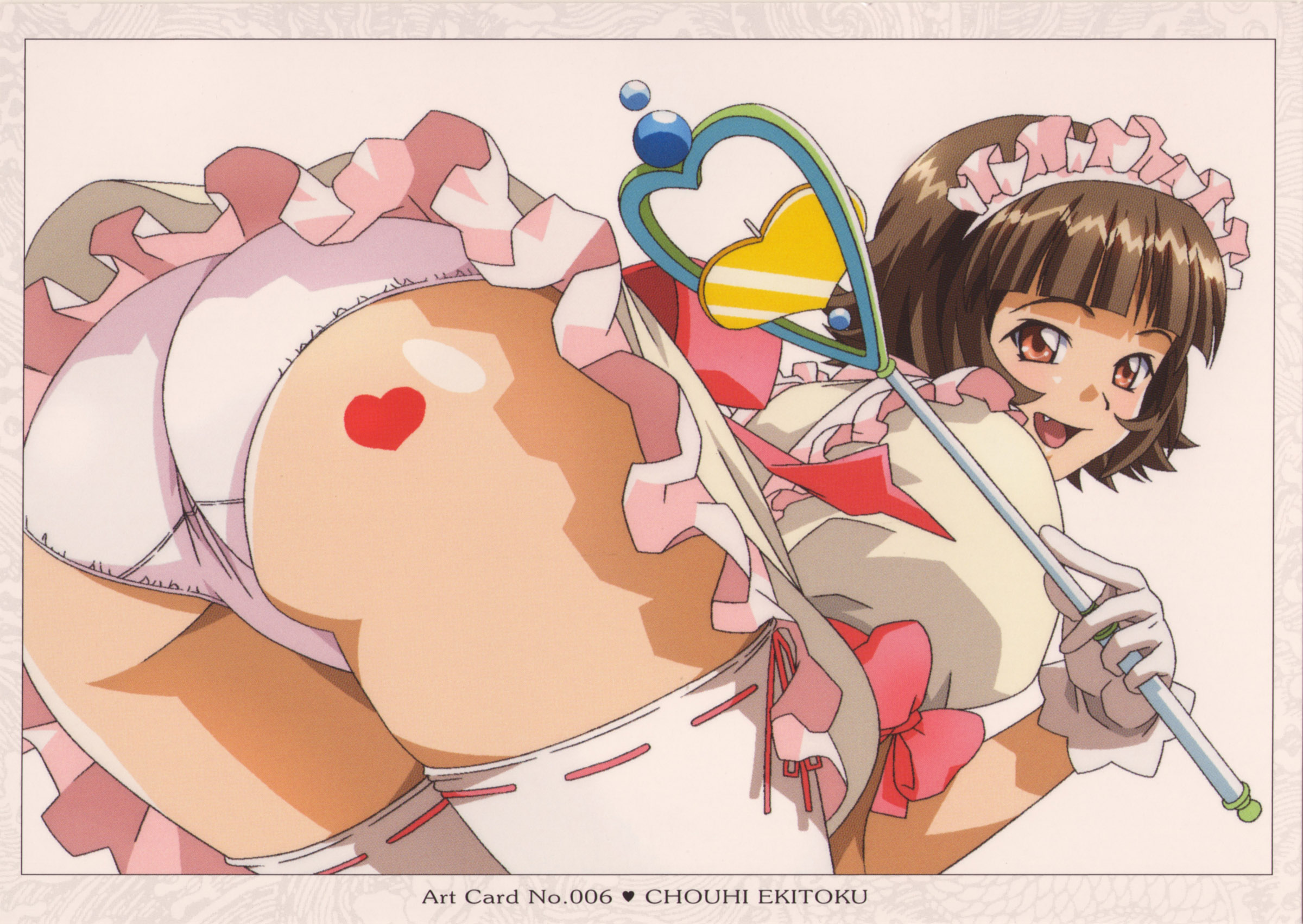 chouhi ekitoku, ikkitousen, ikkitousen dragon destiny, highres, scan, scan artifacts, 00s, 1girl, apron, ass, ass tattoo, blunt bangs, blush, breasts, brown hair, fang, female focus, gloves, heart, heart tattoo, large breasts, maid, maid apron, panties, short hair, simple background, solo, tattoo, thighhighs, underwear, wand