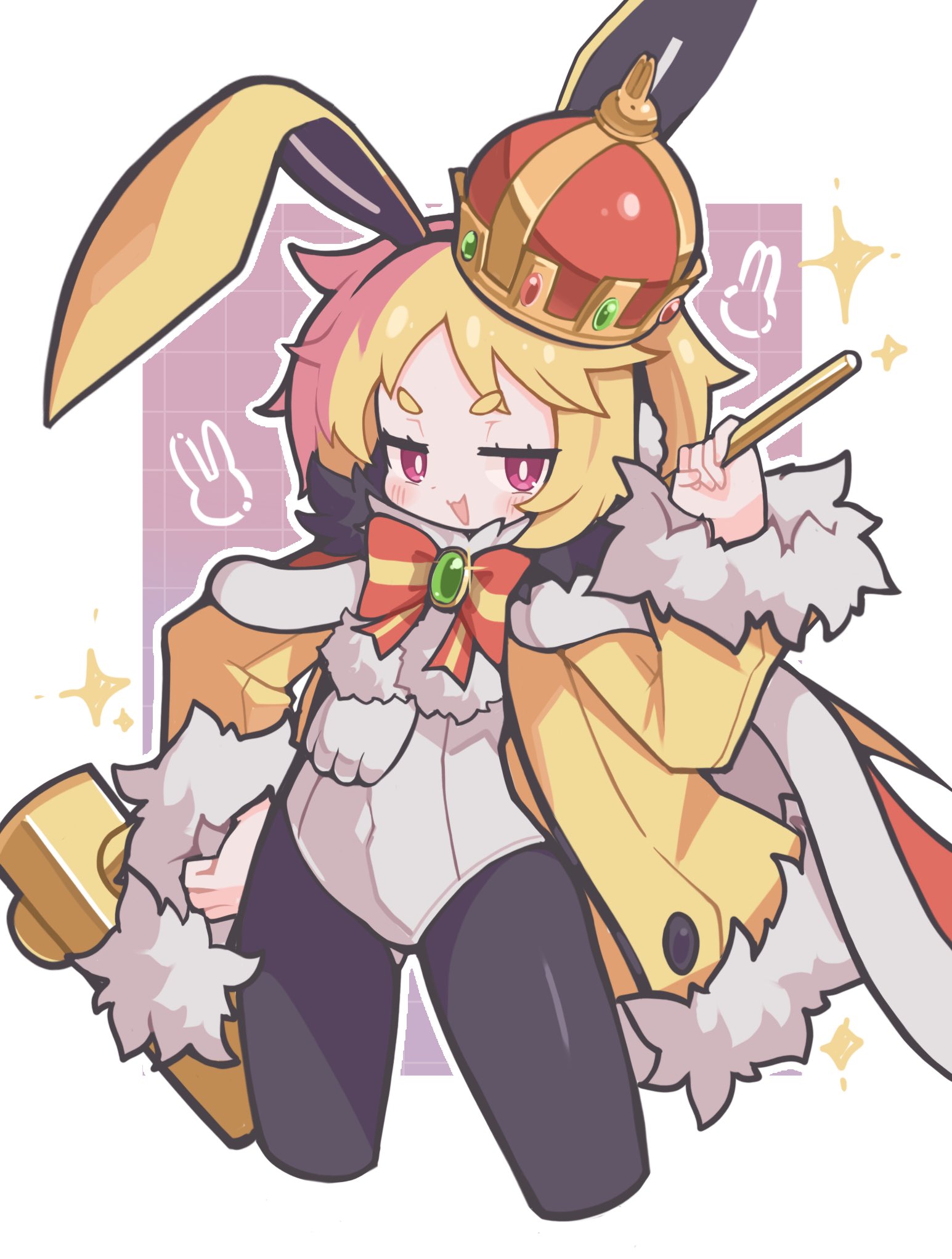 suaman, usalia (disgaea), disgaea, disgaea rpg, commentary request, highres, 1girl, :3, :d, animal ear hairband, animal ears, black hairband, black pantyhose, blonde hair, blush, border, bright pupils, covered navel, cropped legs, crown, fake animal ears, fur-trimmed jacket, fur-trimmed sleeves, fur trim, grid background, hairband, hammer, holding, holding hammer, jacket, leotard, long sleeves, looking at viewer, open clothes, open jacket, open mouth, outline, outside border, pantyhose, pink eyes, purple background, rabbit ear hairband, rabbit ears, short hair, smile, solo, sparkle, thick eyebrows, white border, white leotard, white outline, white pupils, yellow jacket