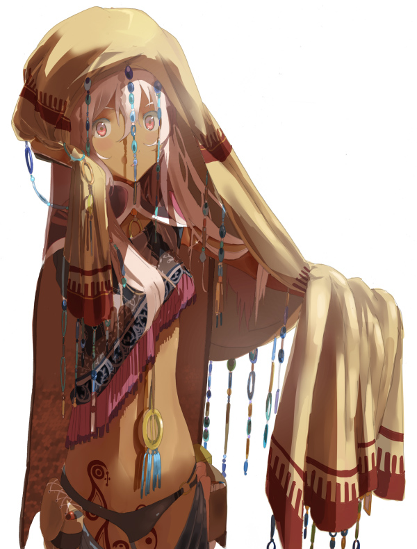 tanu, original, bad id, bad pixiv id, 1girl, :o, beads, black panties, dark-skinned female, dark skin, female focus, jewelry, midriff, panties, pink hair, red eyes, shawl, solo, tattoo, tribal, underwear, white background, white hair