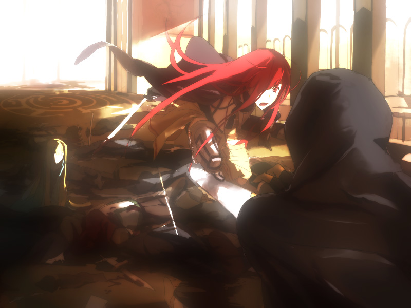 tanu, original, light, bad id, bad pixiv id, blood, death, hair over one eye, hood, knight, long hair, medieval, red eyes, red hair, sword, weapon