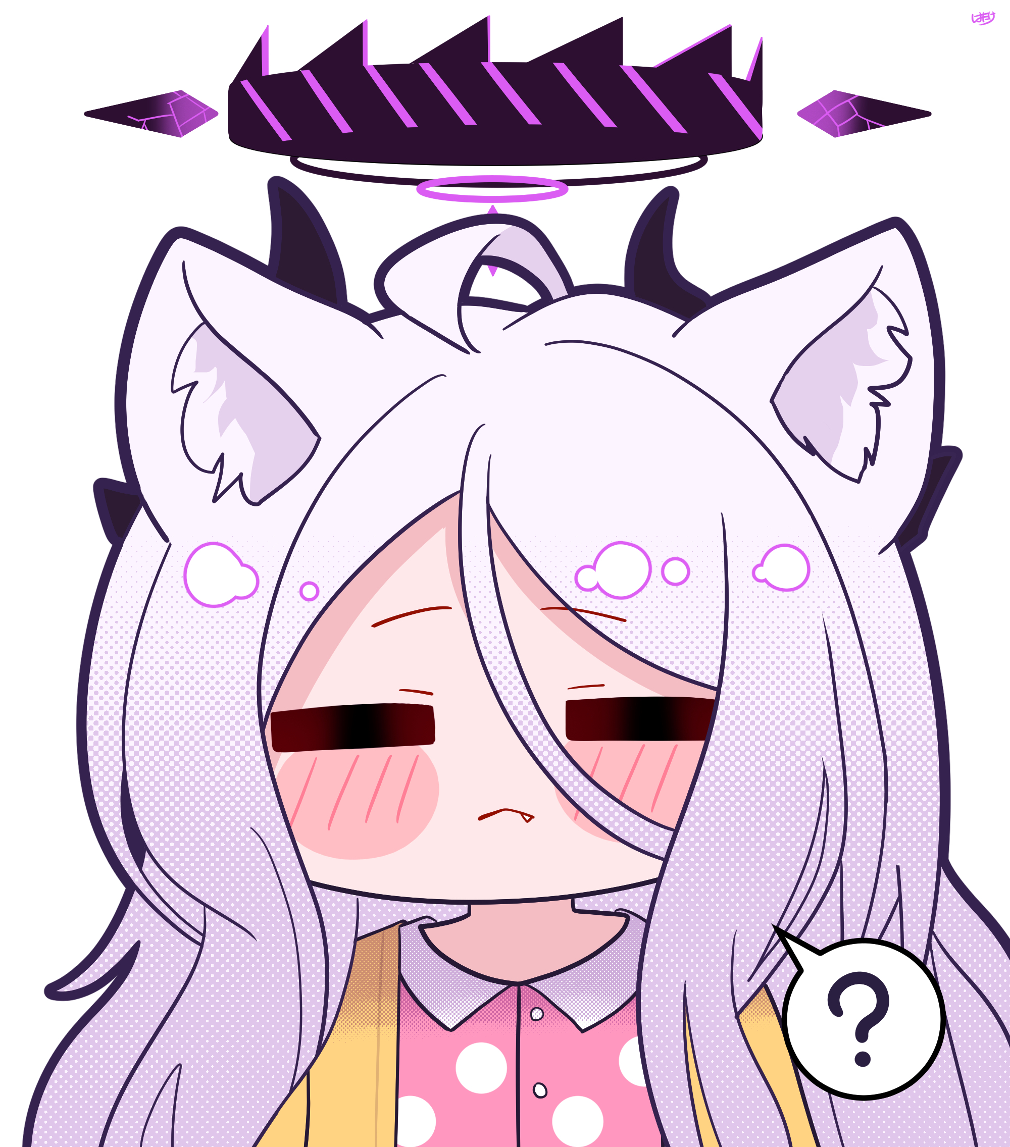 hina (blue archive), hina (pajamas) (blue archive), blue archive, highres, ?, ahoge, animal ears, black halo, blush, cat ears, closed eyes, demon girl, demon horns, fang, flat chest, halo, horns, hqtake11, jacket, long hair, pajamas, pink pajamas, polka dot, polka dot pajamas, simple background, white background, white hair, yellow jacket