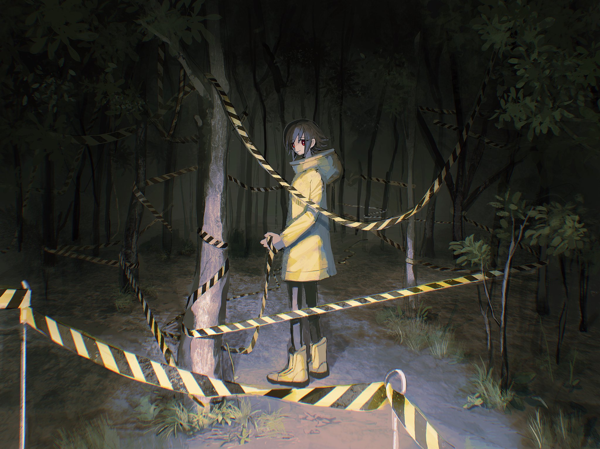original, commentary, highres, 1girl, boots, brown hair, caution tape, coat, dark, forest, from side, grass, hair between eyes, holding tape, hood, horror (theme), izunayasan, looking at viewer, looking back, nature, night, outdoors, path, red eyes, road, scenery, short hair, smile, solo, standing, tree, yellow boots, yellow coat, yellow theme