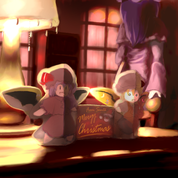 tsubasa (abchipika), flandre scarlet, patchouli knowledge, remilia scarlet, embodiment of scarlet devil, touhou, light, 1girl, box, christmas, curtains, desk lamp, female focus, from behind, indoors, lamp, long hair, looking at viewer, purple hair, solid circle eyes, solo, standing, window