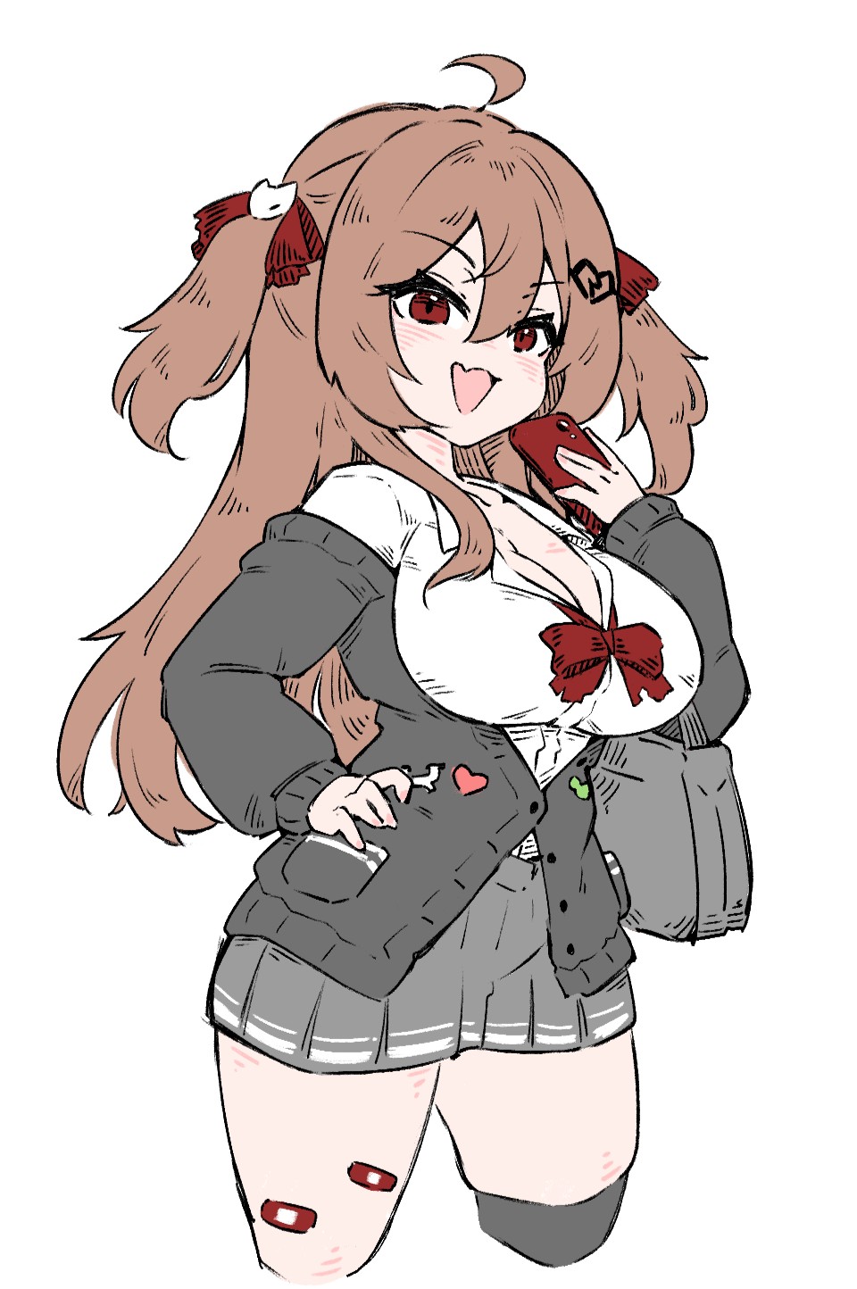 bluenerd8, evil neuro-sama, neuro-sama, commentary, english commentary, highres, 1girl, ahoge, bag, bandaid, bandaid on leg, black cardigan, black skirt, black thighhighs, bow, bowtie, breasts, broken heart, broken heart hair ornament, brown hair, cardigan, collared shirt, cowboy shot, cropped legs, dress shirt, fang, from side, hair between eyes, hair ornament, hair ribbon, heart, holding, holding phone, large breasts, long hair, long sleeves, open clothes, open mouth, open shirt, phone, pleated skirt, red bow, red bowtie, red eyes, red ribbon, ribbon, shirt, shoulder bag, simple background, single thighhigh, skin fang, skirt, skull hair ornament, solo, thighhighs, two side up, vedal ai, virtual youtuber, white background, white shirt