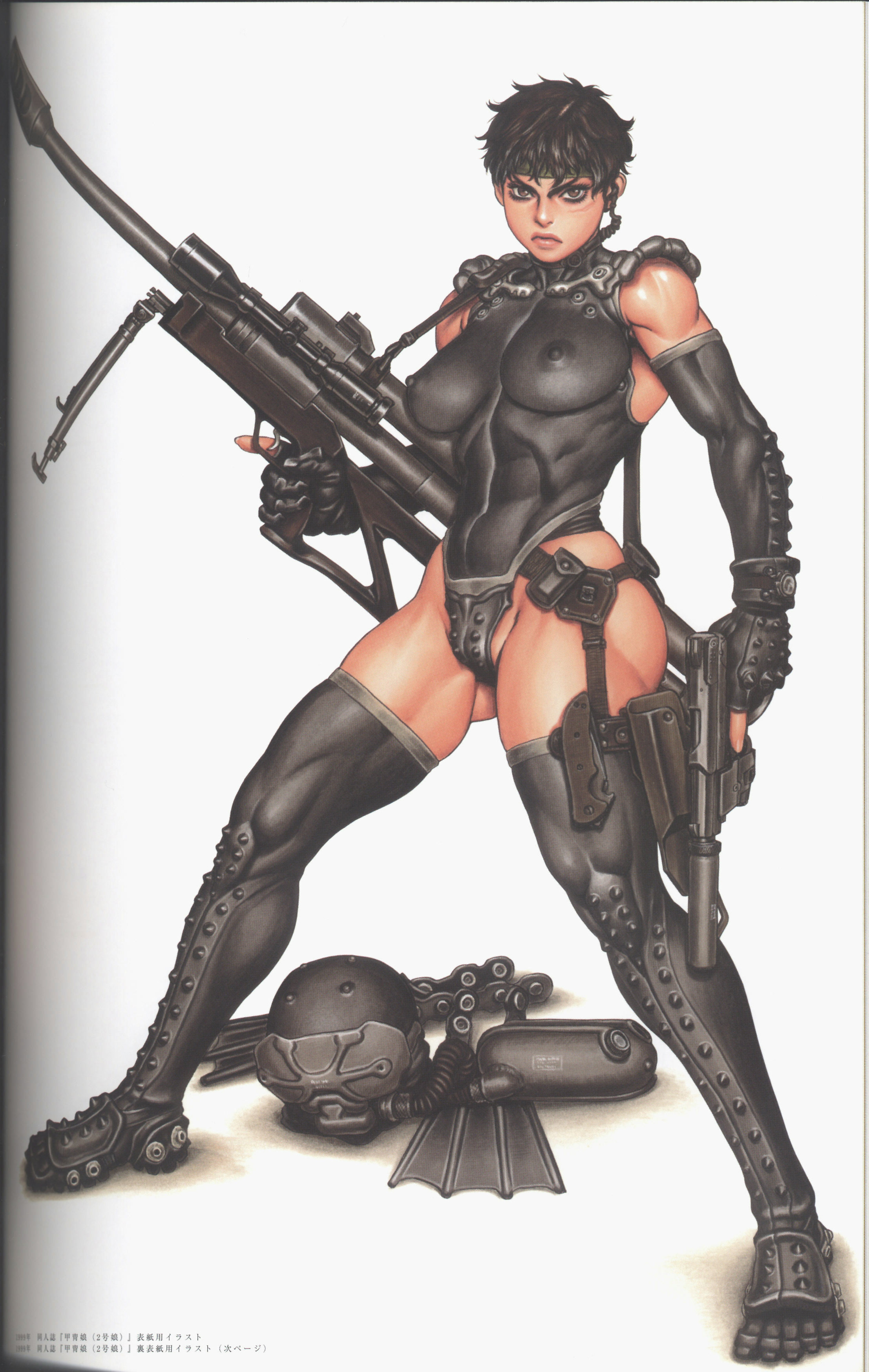 tsukasa jun, absurdres, highres, 1girl, abs, androgynous, armor, black boots, black thighhighs, boots, breasts, breasts apart, covered collarbone, covered erect nipples, elbow gloves, eyelashes, female focus, frown, full body, gloves, gun, handgun, headband, helmet, large breasts, legs apart, leotard, lips, muscular, muscular female, pistol, rifle, scope, scowl, short hair, simple background, skin tight, skindentation, solo, standing, thick thighs, thighhighs, thighs, tomboy, unworn headwear, unworn helmet, v-shaped eyebrows, weapon, white background