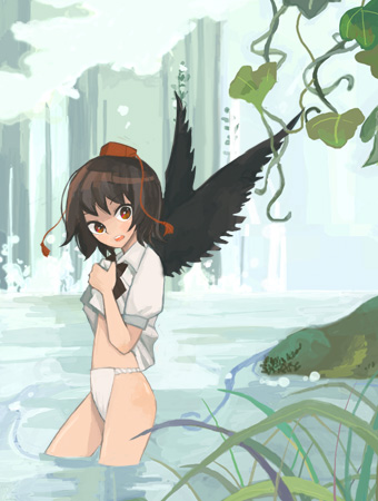 fu (mushibun), fu (pixiv), shameimaru aya, touhou, bad id, bad pixiv id, lowres, 1girl, black wings, brown hair, female focus, fundoshi, hat, japanese clothes, looking at viewer, red eyes, short hair, solo, surprised, wings