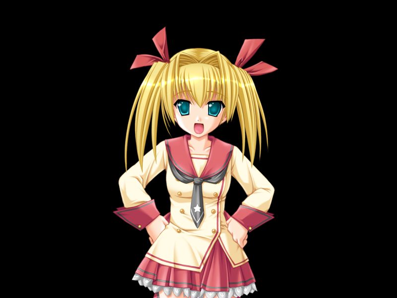 miyasu risa, himemiya eiko, honoo no haramase tenkousei, game cg, large variant set, variant set, 1girl, 2000s (style), :d, black background, blonde hair, breasts, collarbone, cowboy shot, frilled skirt, frills, green eyes, grey neckerchief, hair between eyes, hair intakes, hair ribbon, hands on own hips, long sleeves, looking at viewer, medium breasts, medium hair, miniskirt, neckerchief, open mouth, red ribbon, red sailor collar, red skirt, ribbon, sailor collar, sailor shirt, school uniform, serafuku, shirt, simple background, skirt, smile, solo, standing, tachi-e, twintails, yellow serafuku