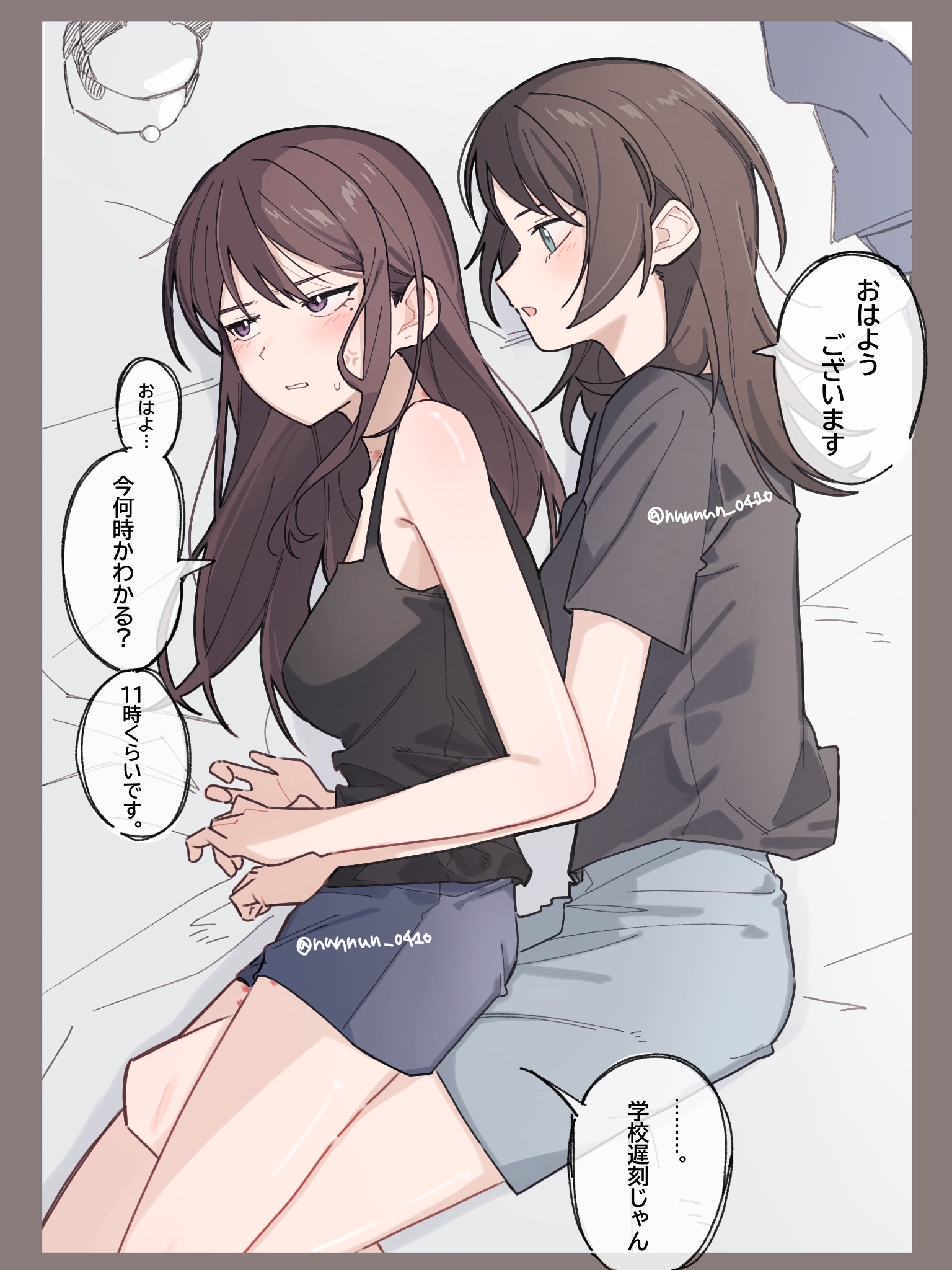 nanami (nunnun 0410), shiina taki, yahata umiri, bang dream!, bang dream! it's mygo!!!!!, commentary request, highres, translation request, 2girls, bite mark, bite mark on neck, black hair, blue eyes, blue shorts, blush, breasts, camisole, couple, hickey, hug, hug from behind, long hair, medium breasts, medium hair, mole, mole under eye, multiple girls, open mouth, purple eyes, short sleeves, shorts, sidelocks, twintails, twitter username, white camisole, yuri