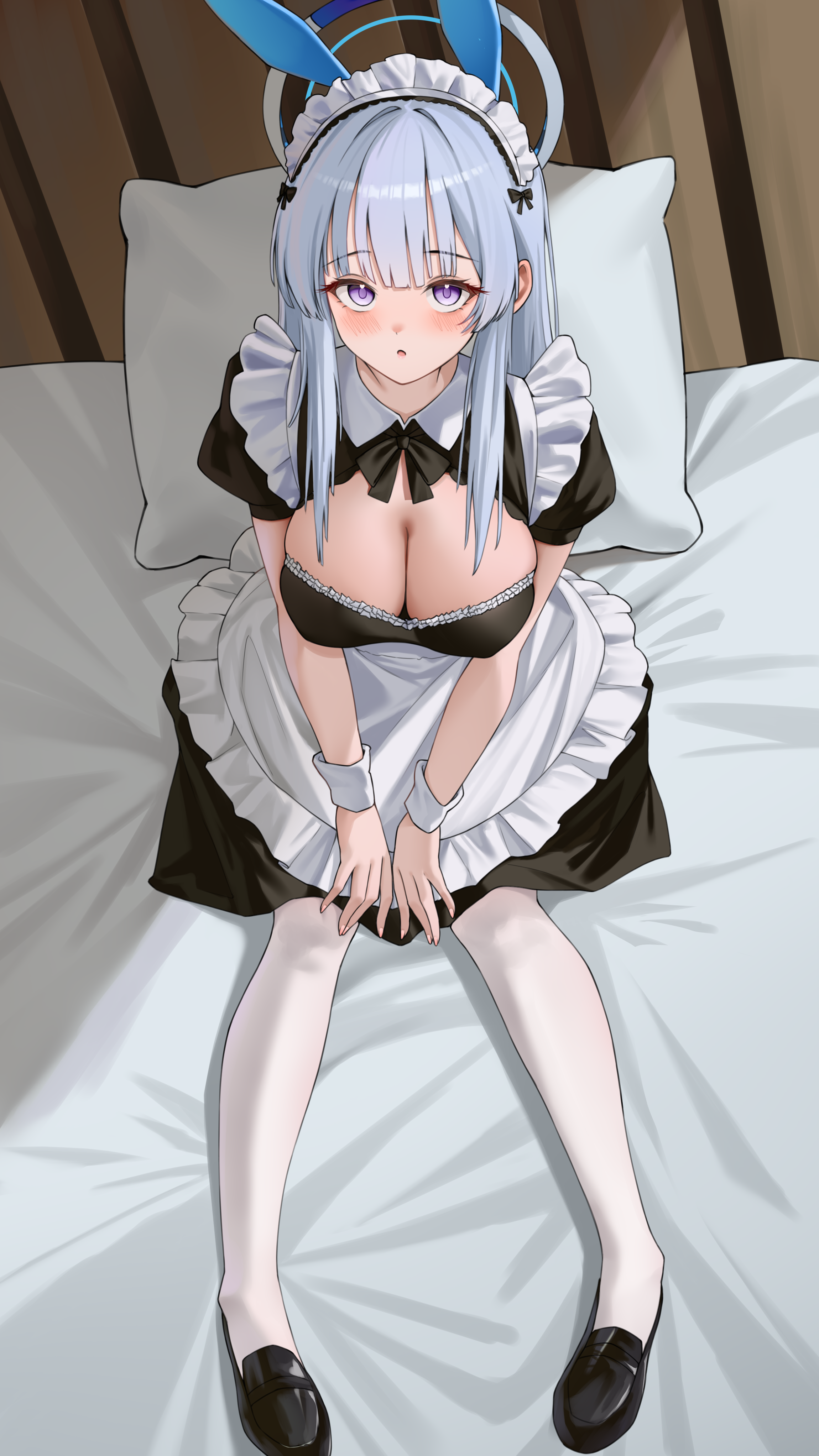 lanhua227, noa (blue archive), blue archive, absurdres, commentary, highres, 1girl, :o, alternate costume, animal ears, apron, bed sheet, black dress, black ribbon, black shoes, blush, breasts, cleavage, dress, enmaided, fake animal ears, frilled apron, frills, grey hair, halo, indoors, large breasts, loafers, long hair, looking at viewer, maid, maid apron, maid headdress, neck ribbon, pantyhose, pillow, puffy short sleeves, puffy sleeves, purple eyes, rabbit ears, ribbon, shoes, short sleeves, sitting, solo, straight hair, white apron, white pantyhose