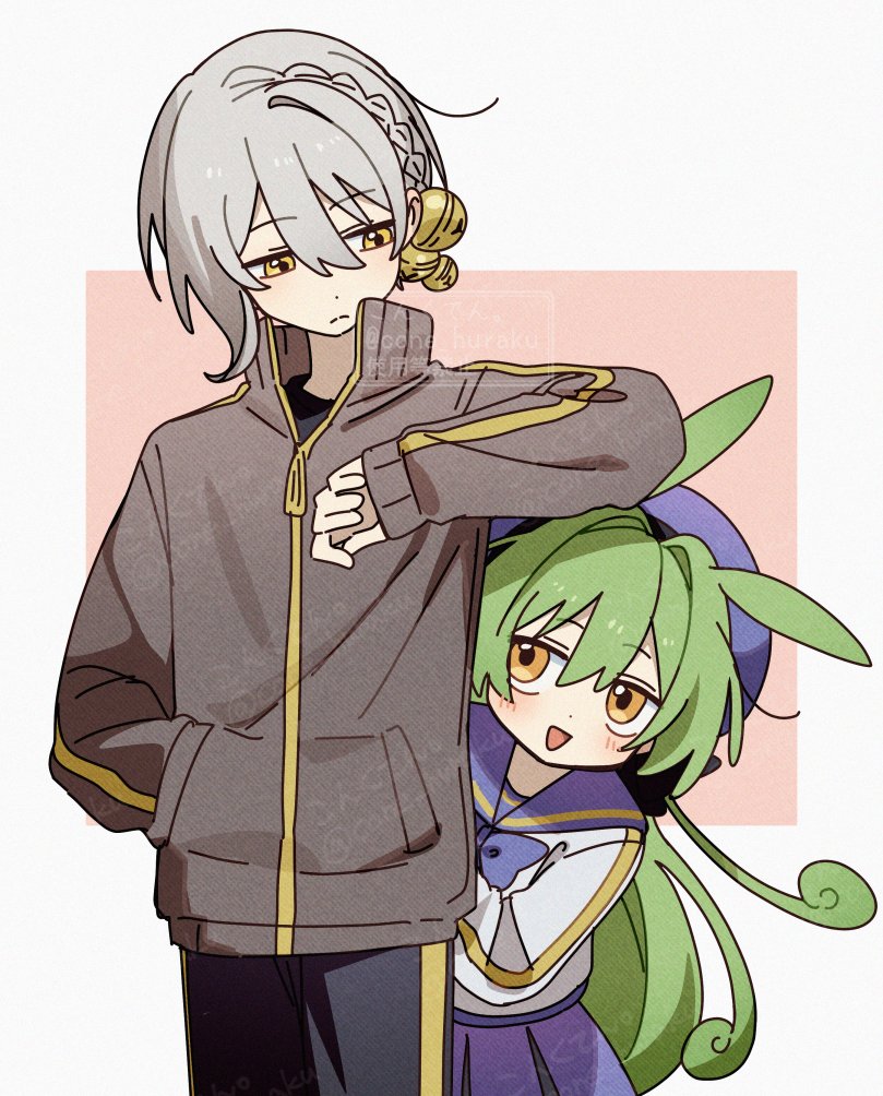 corn kuten, iori yuzuru, zundamon, voiceroid, voicevox, commentary request, 1boy, 1girl, :d, alternate hairstyle, animal ears, bell, blue bow, blue bowtie, blue hat, blue pants, blue sailor collar, blue skirt, blush, border, bow, bowtie, brown jacket, closed mouth, cowboy shot, green hair, grey hair, hair bell, hair between eyes, hair ornament, hand in pocket, hat, high collar, jacket, long hair, long sleeves, looking at another, open mouth, outside border, pants, pink background, pleated skirt, sailor collar, school uniform, serafuku, shirt, short hair, simple background, skirt, smile, watermark, white border, white shirt, yellow eyes, zipper