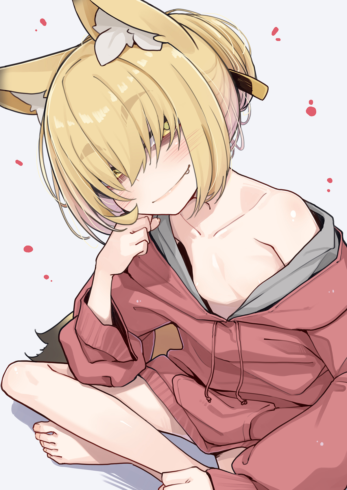 ogami kazuki, nabari (ogami kazuki), original, commentary request, highres, 1girl, animal ears, bare legs, barefoot, blonde hair, breasts, closed mouth, downblouse, drawstring, fang, fang out, fox ears, fox tail, hair over eyes, half lotus position, hand on own cheek, hand on own face, head rest, head tilt, jacket, lolibaba, looking at viewer, no bra, red jacket, short hair, simple background, single bare shoulder, sitting, small breasts, smile, solo, tail, thick eyebrows, white background, yellow eyes