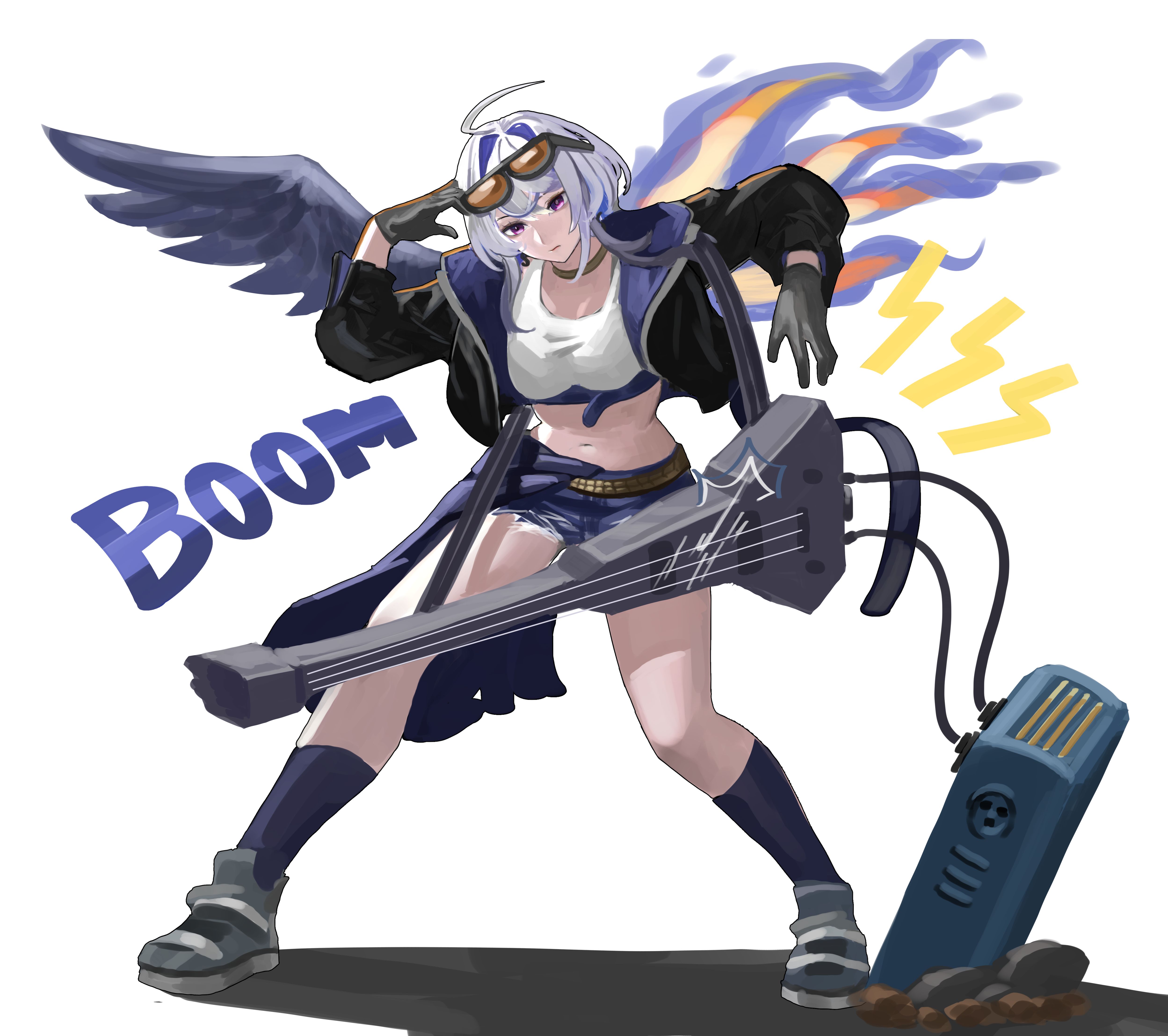 galbrena (wuthering waves), wuthering waves, absurdres, highres, 1girl, alternate costume, arms up, black gloves, black jacket, bng sl816, breasts, crop top, denim, denim shorts, english text, eyewear on head, gloves, gold choker, grey hair, instrument, jacket, looking at viewer, medium breasts, navel, open clothes, open jacket, purple eyes, shirt, shorts, solo, stomach, sunglasses, white shirt