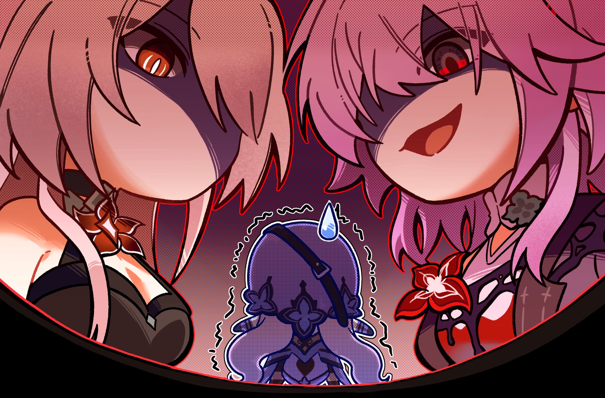 loelyu126161, acheron (honkai: star rail), black swan (honkai: star rail), evernight (honkai: star rail), march 7th (honkai: star rail), honkai: star rail, honkai (series), highres, korean commentary, 3girls, breasts, buckle, chibi, choker, collar, crop top, dress, flower, from behind, gloves, hair over one eye, long hair, looking down, multiple girls, pink hair, purple dress, purple hair, red eyes, red flower, slit pupils, smile, sweatdrop, veil, white hair