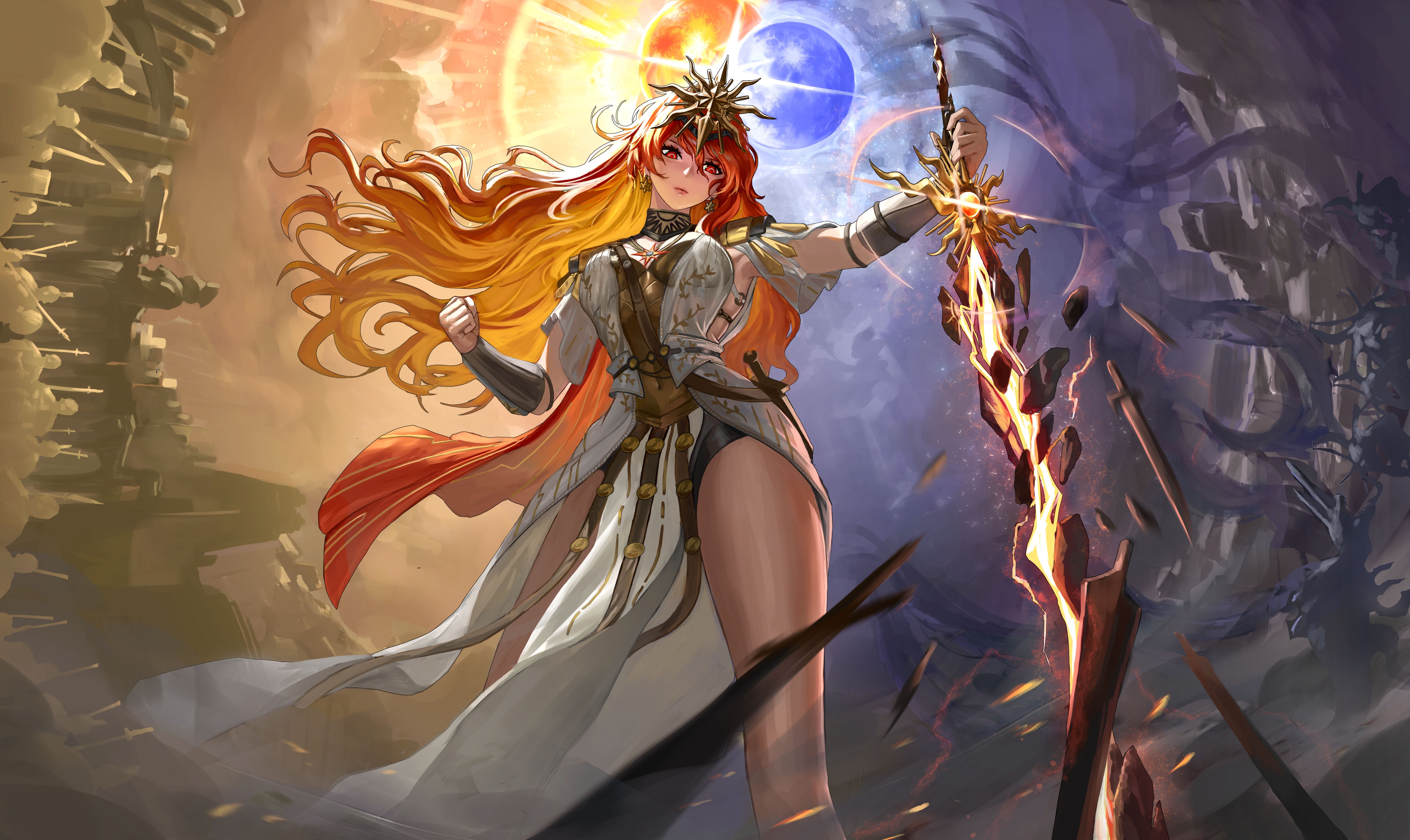 augusta (wuthering waves), wuthering waves, absurdres, highres, 1girl, ancient greek clothes, arm armor, armor, bng sl816, breastplate, breasts, clenched hand, closed mouth, dress, earrings, from below, greco-roman clothes, hair between eyes, headgear, holding, holding sword, holding weapon, jewelry, large breasts, long hair, moon, orange hair, red eyes, solo, split theme, sun, sun earrings, sun necklace, sword, weapon, white dress