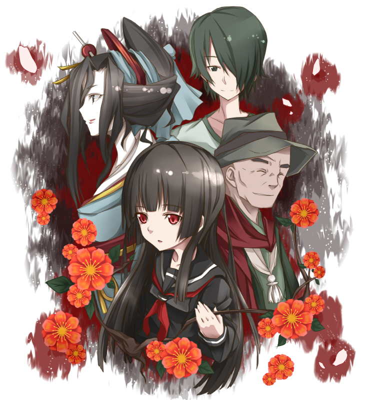 sasaki kouhei, enma ai, hone onna, ichimoku ren, wanyuudo, jigoku shoujo, bad id, bad pixiv id, 00s, 2boys, 2girls, black hair, black serafuku, blunt bangs, flower, hime cut, long hair, multiple boys, multiple girls, red eyes, school uniform, serafuku