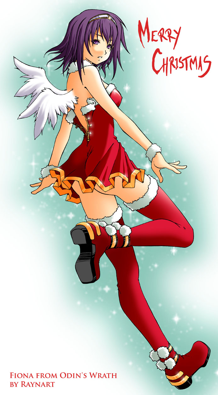 raynart, fiona, original, highres, 1girl, boots, breasts, christmas, cleavage, female focus, looking back, medium breasts, no panties, purple eyes, purple hair, red thighhighs, santa costume, short hair, skirt, snow, solo, thigh boots, thighhighs, tiara, wings, zettai ryouiki