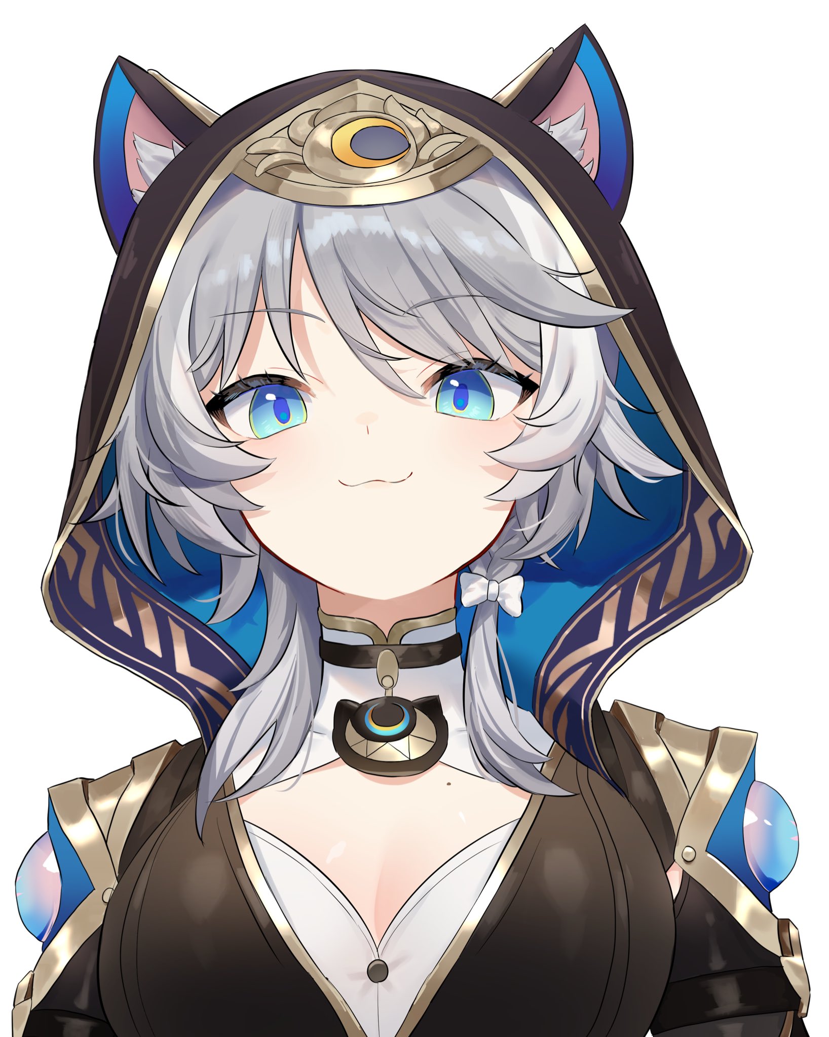 ramao24, cipher (honkai: star rail), honkai: star rail, honkai (series), commentary, highres, 1girl, :3, animal ear fluff, animal ears, animal hood, blue eyes, bow, braid, breasts, buttons, cat ears, cat girl, cat hood, charm (object), choker, cleavage, grey hair, hood, medium breasts, mole, mole on neck, upper body, white background, white streaks