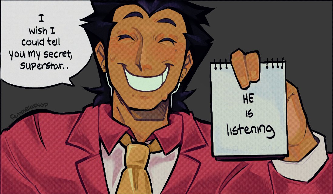 spamton g. spamton, spamton g. spamton (big shot), chainsaw man, deltarune, utdr (toby fox), commentary, derivative work, english commentary, 1boy, ^ ^, alternate skin color, black border, black hair, border, closed eyes, collared shirt, comic panel redraw, contrast collar, dark-skinned male, dark skin, earrings, english text, facing viewer, femmelaptop, fingernails, grey background, grin, hair slicked back, hand up, hatching (texture), holding, holding notepad, humanized skin color, jacket, jewelry, lapels, light-skinned palms, light blush, linear hatching, long sleeves, male focus, mole, mole under eye, mole under mouth, mullet, necktie, nervous smile, nervous sweating, notched lapels, notepad, outline, outside border, portrait, raised eyebrows, red jacket, scene reference, shirt, short hair, simple background, smile, solo, speech bubble, stud earrings, suit jacket, sweat, twitter username, white outline, widow's peak, yellow necktie
