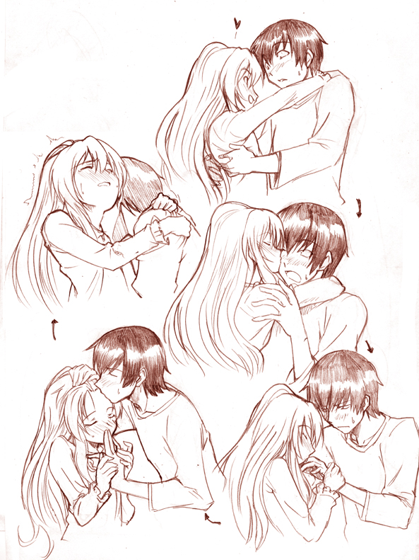 marumi, aisaka taiga, takasu ryuuji, toradora!, traditional media, 00s, 1boy, 1girl, blush, brown theme, couple, heart, hetero, implied fingering, kiss, kissing cheek, kissing forehead, licking, licking finger, long hair, monochrome, sketch