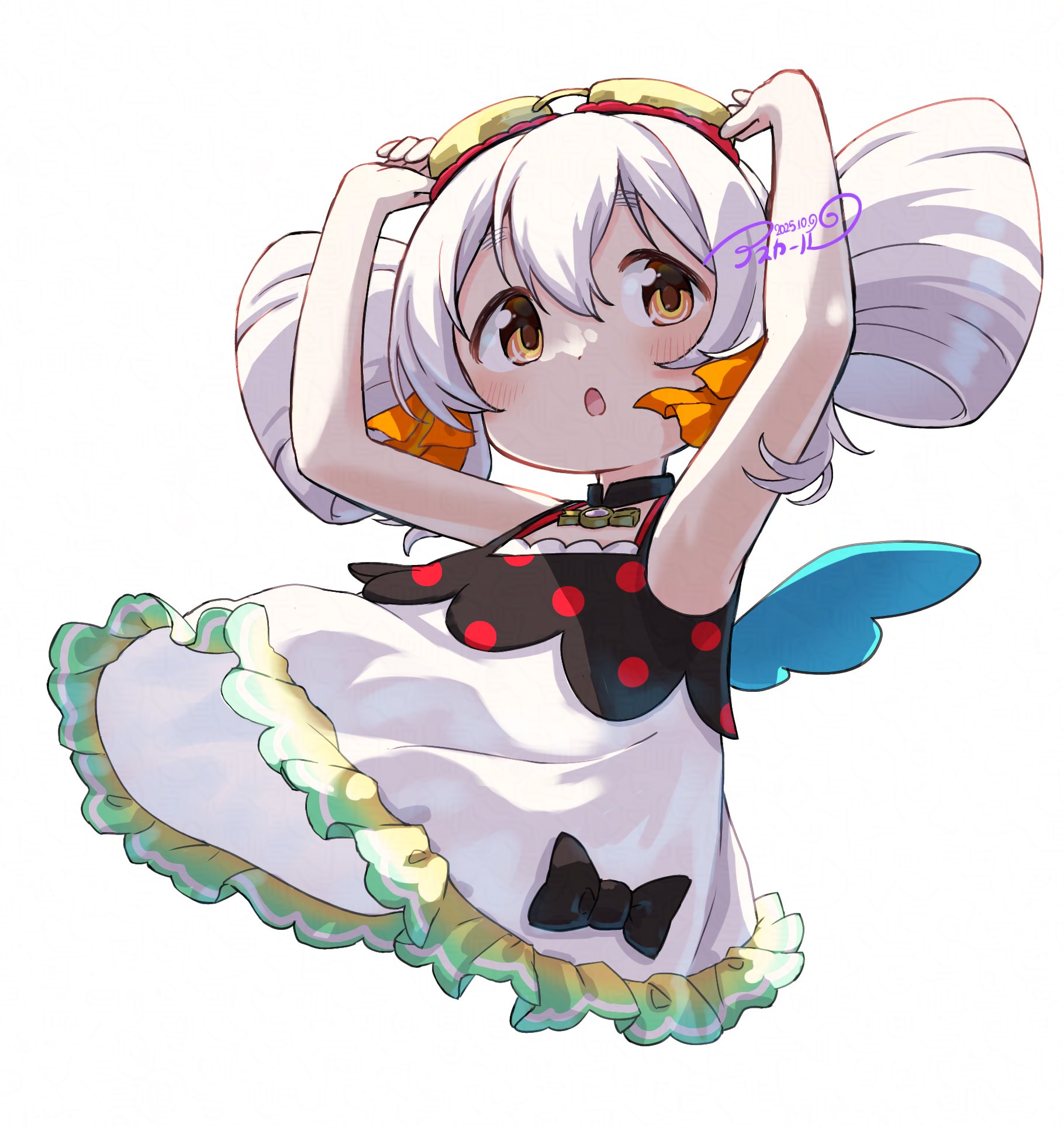asukaru (magika ru), momoe nagisa, momoe nagisa (swimsuit ver.), magia record: mahou shoujo madoka magica gaiden, mahou shoujo madoka magica, commentary request, highres, 1girl, :o, arms up, bare arms, bare shoulders, black bow, black shirt, blush, bow, cropped torso, frilled skirt, frills, hair between eyes, hair ribbon, looking at viewer, official alternate costume, open mouth, orange ribbon, ribbon, shirt, short hair, signature, simple background, skirt, sleeveless, sleeveless shirt, solo, white background, white hair, white skirt, yellow eyes