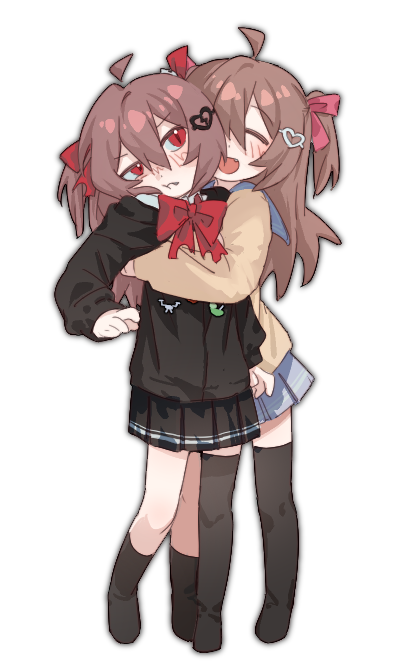 conversion806f, evil neuro-sama, neuro-sama, hashtag-only commentary, 2girls, ahoge, asymmetrical legwear, black cardigan, black skirt, black socks, black thighhighs, blue sailor collar, blue skirt, bow, bowtie, broken heart, broken heart hair ornament, brown hair, cardigan, closed eyes, closed mouth, dress shirt, fang, full body, hair between eyes, hair ornament, hair ribbon, heart, heart hair ornament, hug, hug from behind, long hair, long sleeves, medium skirt, multiple girls, no shoes, open mouth, red bow, red bowtie, red ribbon, ribbon, sailor collar, shirt, siblings, simple background, single sock, single thighhigh, sisters, skirt, slit pupils, socks, standing, thighhighs, twins, two side up, uneven legwear, vedal ai, virtual youtuber, white background, white shirt, yellow cardigan