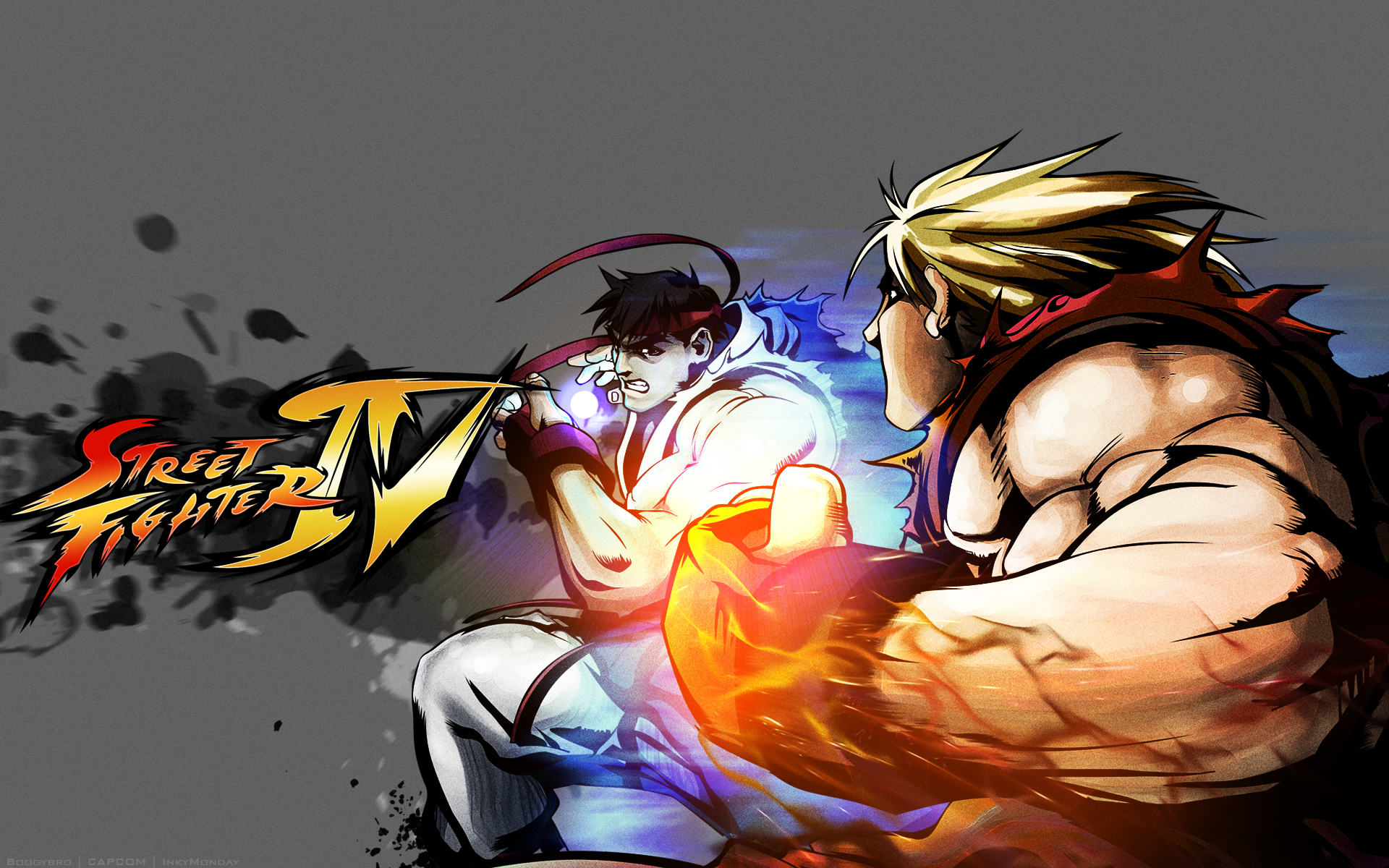 edaki shin'ya, ken masters, ryu (street fighter), capcom, street fighter, street fighter iv (series), highres, 2boys, aura, battle, black hair, blonde hair, food, gloves, headband, ink, male focus, multiple boys, muscular, noodles, short hair, udon