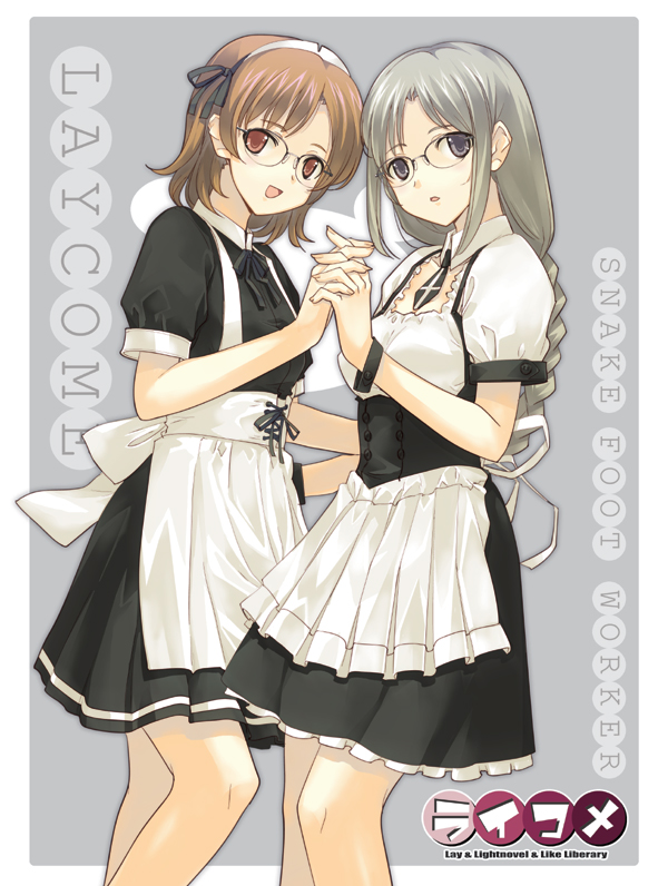 dasoku sentarou, braid, brown hair, glasses, hairband, hand holding, holding hands, long hair, maid, short hair, single braid
