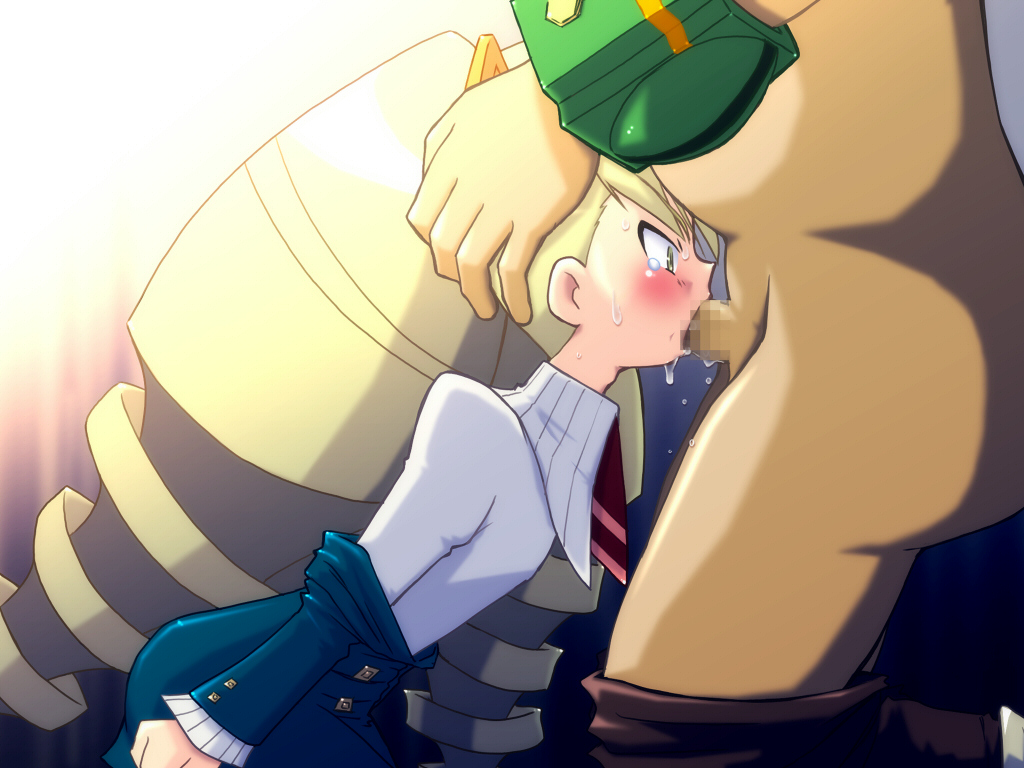 yoshi (crossmind), luna platz (mega man), capcom, mega man (series), character request, 1boy, 1girl, blonde hair, blush, censored, clothed sex, dark-skinned male, dark skin, deepthroat, drill hair, fellatio, flat chest, from side, gradient background, green eyes, hair ornament, hand on another's head, hetero, irrumatio, loli, long hair, mosaic censoring, oral, penis, rape, simple background, solo focus, tears, throat bulge, twin drills, twintails