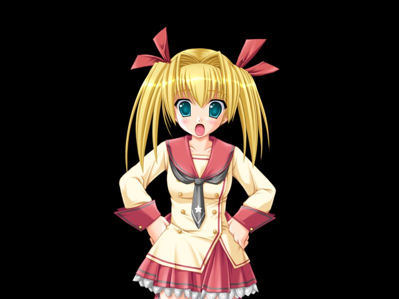 miyasu risa, himemiya eiko, honoo no haramase tenkousei, game cg, large variant set, variant set, 1girl, 2000s (style), black background, blonde hair, blush, breasts, collarbone, cowboy shot, frilled skirt, frills, green eyes, grey neckerchief, hair between eyes, hair intakes, hair ribbon, hands on own hips, long sleeves, looking at viewer, medium breasts, medium hair, miniskirt, neckerchief, open mouth, red ribbon, red sailor collar, red skirt, ribbon, sailor collar, sailor shirt, school uniform, serafuku, shirt, simple background, skirt, solo, standing, surprised, tachi-e, twintails, wide-eyed, yellow serafuku