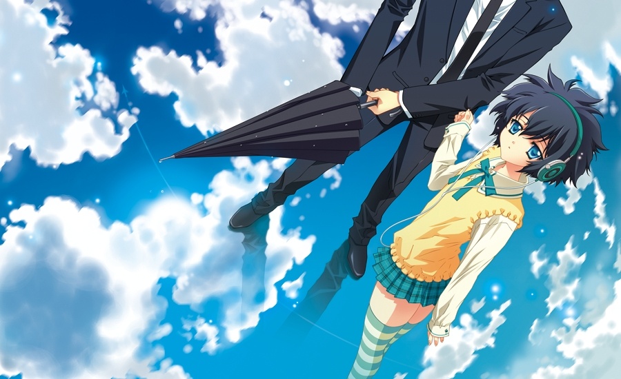 carnelian, yatabe miu, para-sol, 1boy, 1girl, black hair, blue eyes, closed umbrella, cloud, day, headphones, parasol (game), plaid clothes, plaid skirt, short hair, skirt, striped clothes, striped thighhighs, thighhighs, umbrella, zettai ryouiki