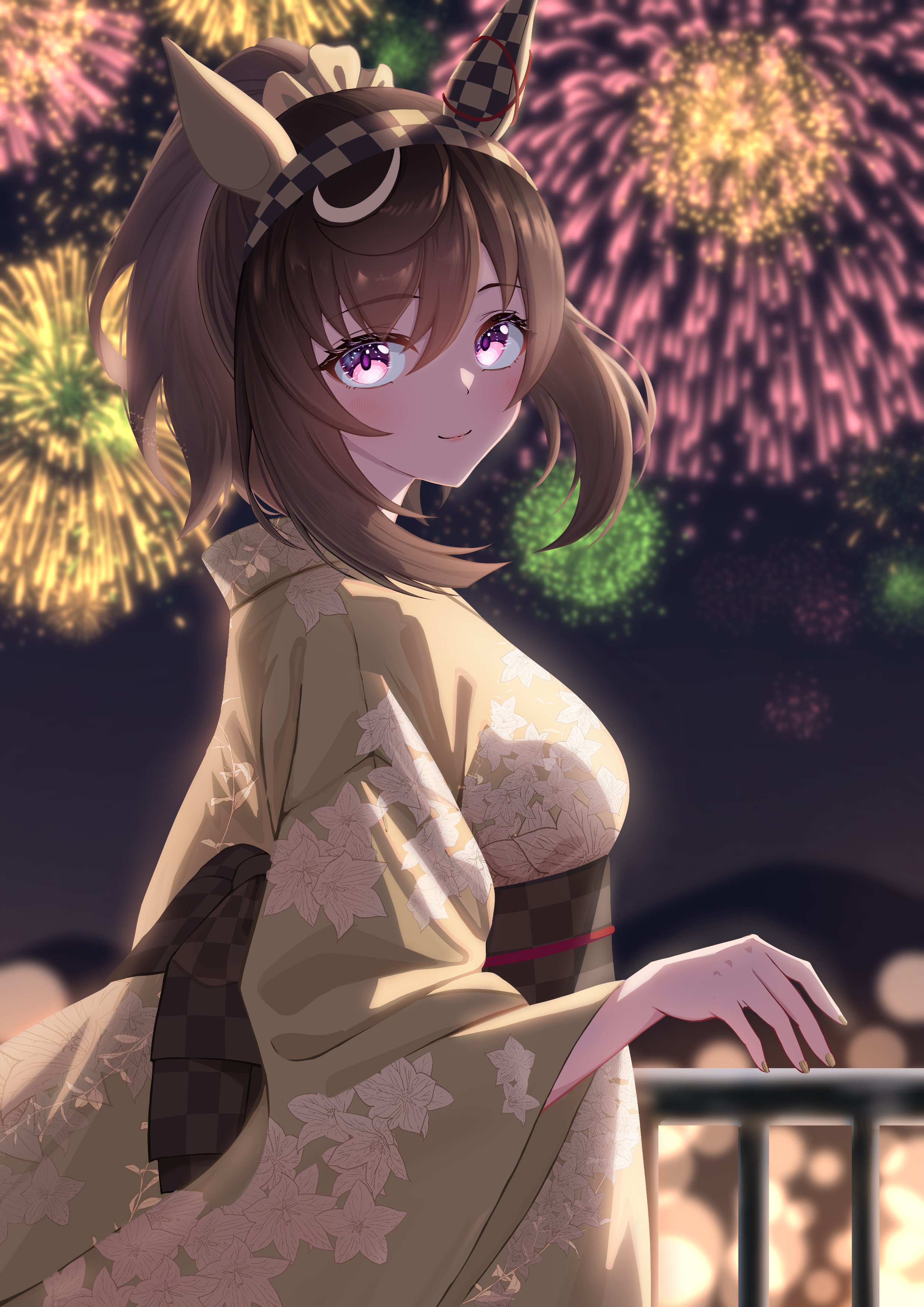moyashi toufu, buena vista (umamusume), umamusume, absurdres, commentary request, highres, 1girl, alternate costume, animal ears, blush, breasts, brown hair, closed mouth, fireworks, hair between eyes, hair ornament, hairband, horse ears, japanese clothes, kimono, looking at viewer, medium breasts, medium hair, night, purple eyes, smile, solo, yukata