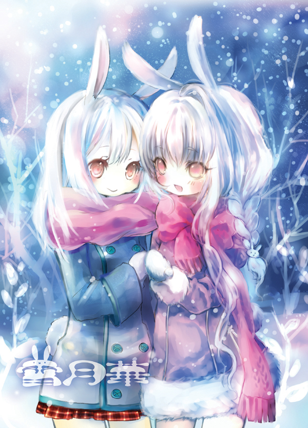 komeko meko (mecolate), onineko, original, animal ears, braid, long hair, pink eyes, rabbit ears, scarf, snow, white hair